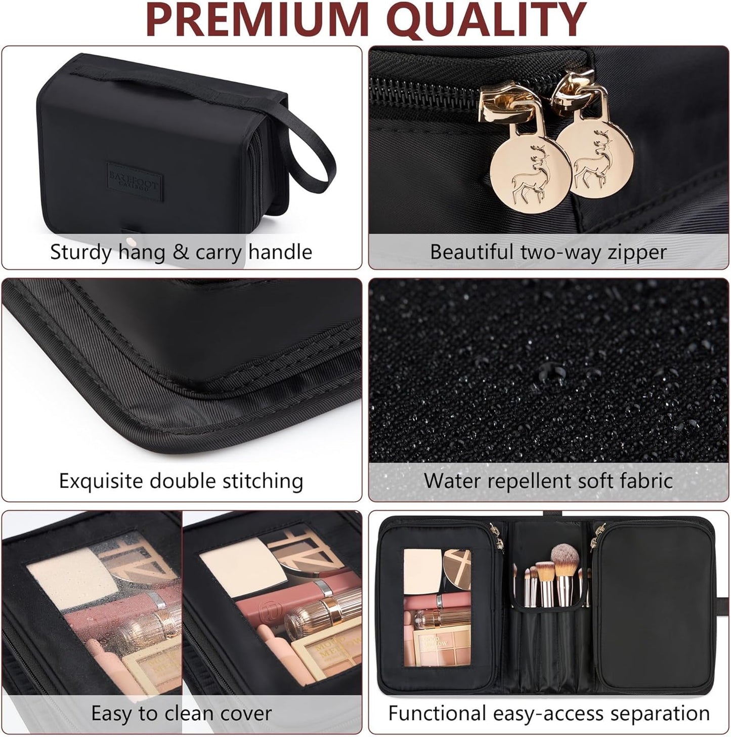 Travel Makeup Bag - Compact Portable Organizer for Cosmetics & Brushes | Large Capacity - Black