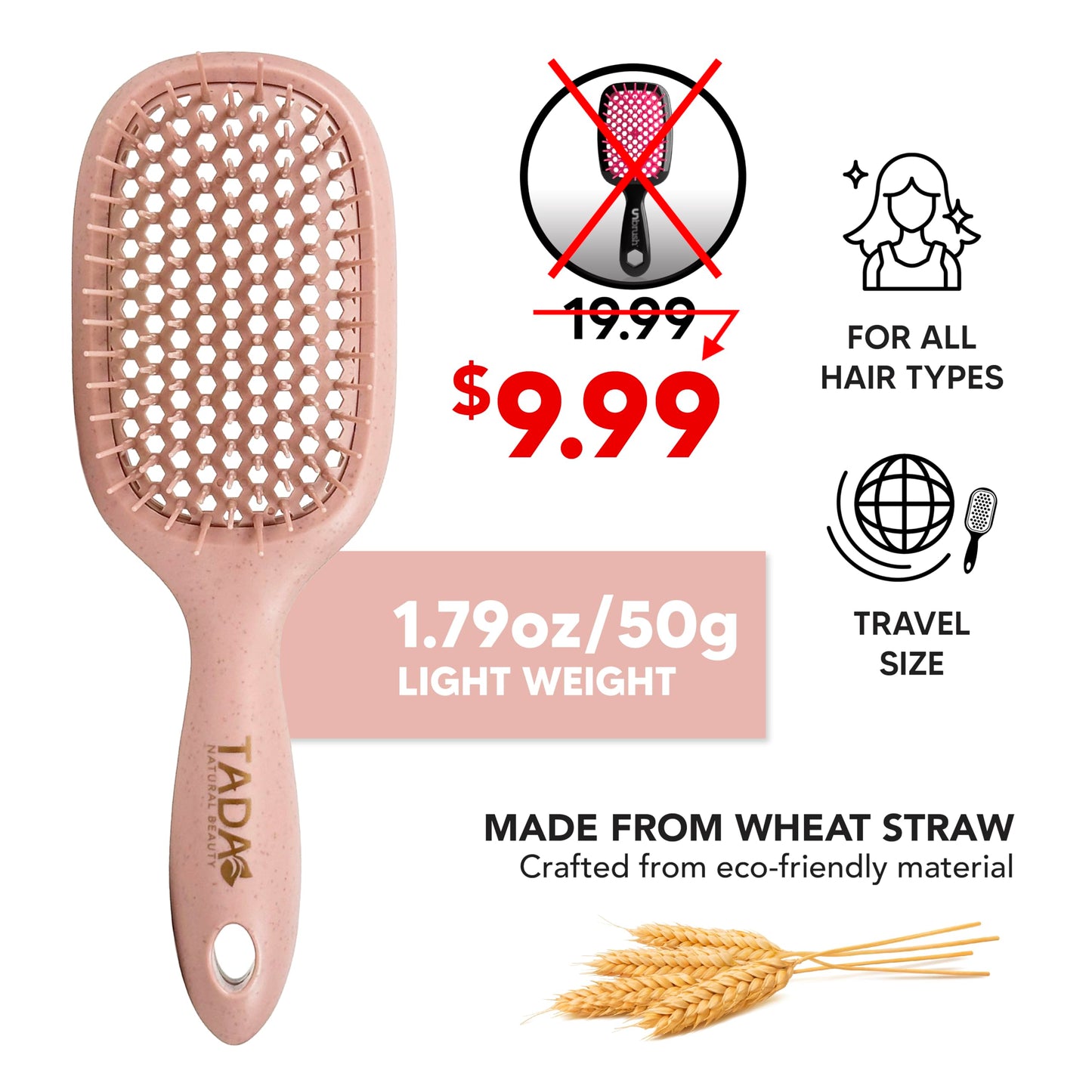 TADA Natural Beauty Hair Brush Detangler for Curly, Thick, Wavy, and Thin Hair - Ventilation Holes for Quick Drying and Styling, Detangler Brush for Women, Men, Kids (4 Colors) (4PK)