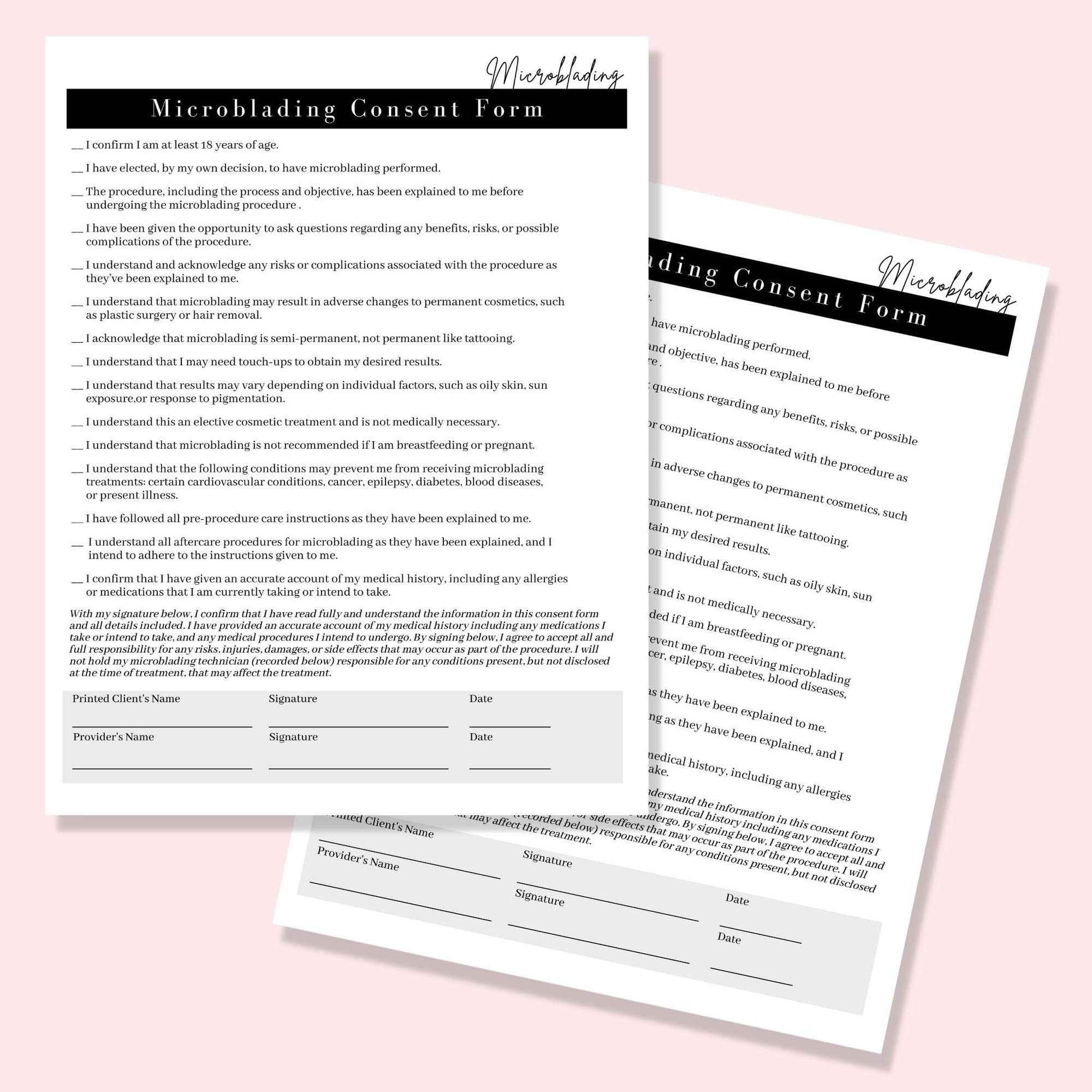Microblading Intake, Consent, and Aftercare Form | 75 Pack | 8.5 x 11" A1 Forms | Clients Signature | Consent Forms for Microblading | Clients Signature | Minimalist Design