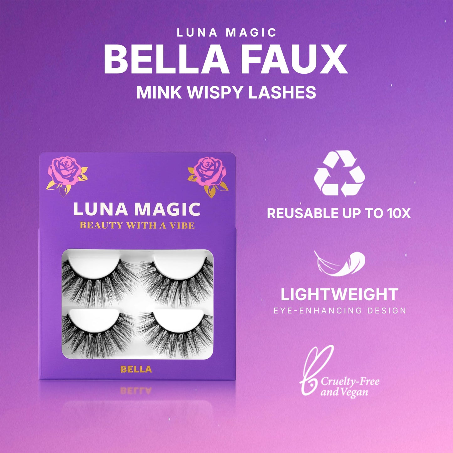 Luna Magic Bella Faux Mink Wispy Lashes with Soft Band, Reusable up to 10x, Lightweight Eye-Enhancing Design for Natural or Dramatic Eye Looks - Vegan & Cruelty-Free Eyelashes - 13MM – 3 Pair