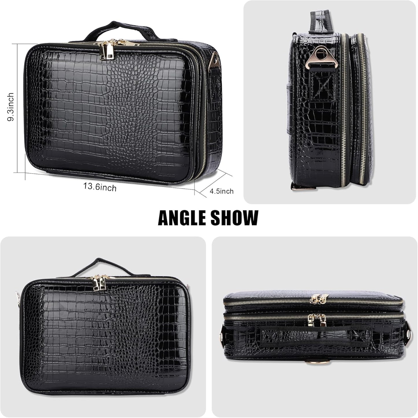 Travel Makeup Train Case - Large Capacity Cosmetic Bag Organizer for Women | Adjustable Dividers & Shoulder Strap - Medium Crocodile Pattern Black