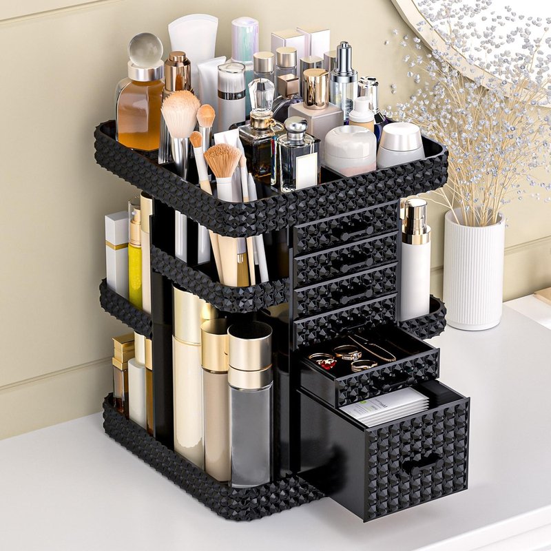 360 Rotating Makeup Organizer - Large Clear Acrylic Vanity Storage with 6 Drawers | Adjustable Spinning Cosmetic & Perfume Holder (Black)
