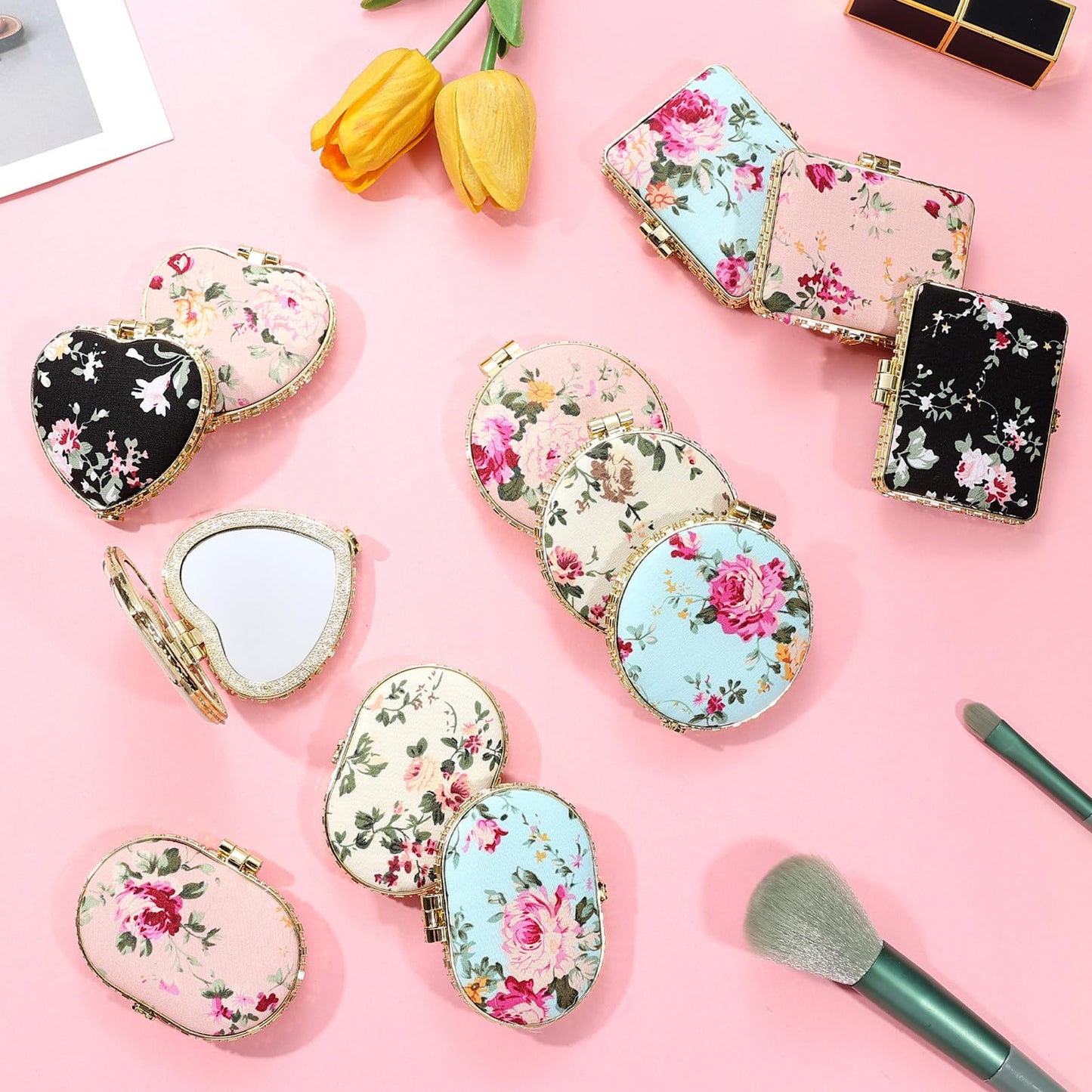 Agolctry 16 Pcs Compact Mirror Bulk Mini Mirror for Purse Small Pocket Mirror for Women Girls Floral Tea Party Favors for Makeup Travel Wedding