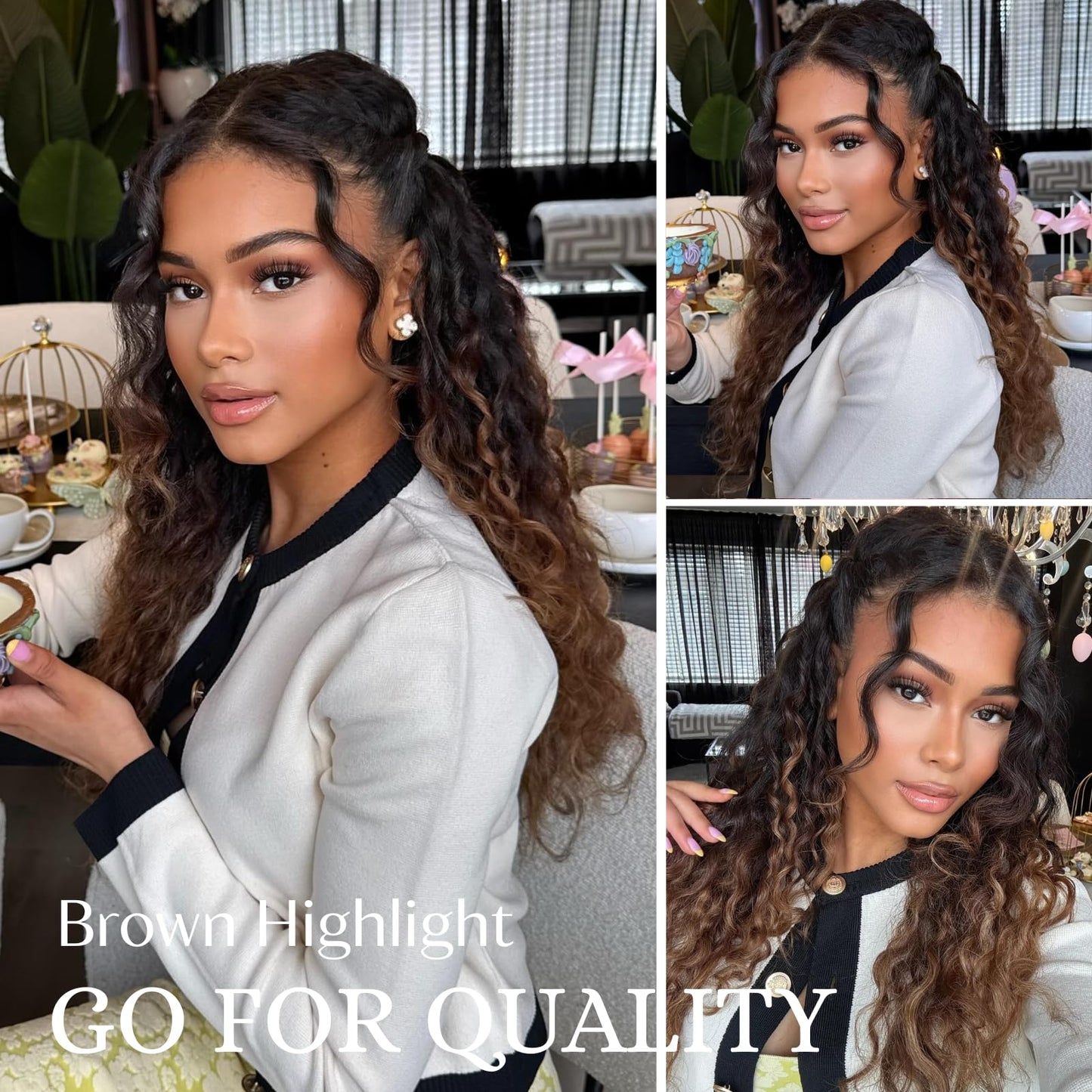 ALHER 12A Ombre Human Hair Bundles Water Wave, Soft Thick Chestnut Brown Ombre Single Curly Bundle Wet and Wavy 100% Virgin Remy Human Hair for Black Women #T1B/2/30 Dark Roots Auburn Sew In 12 Inch