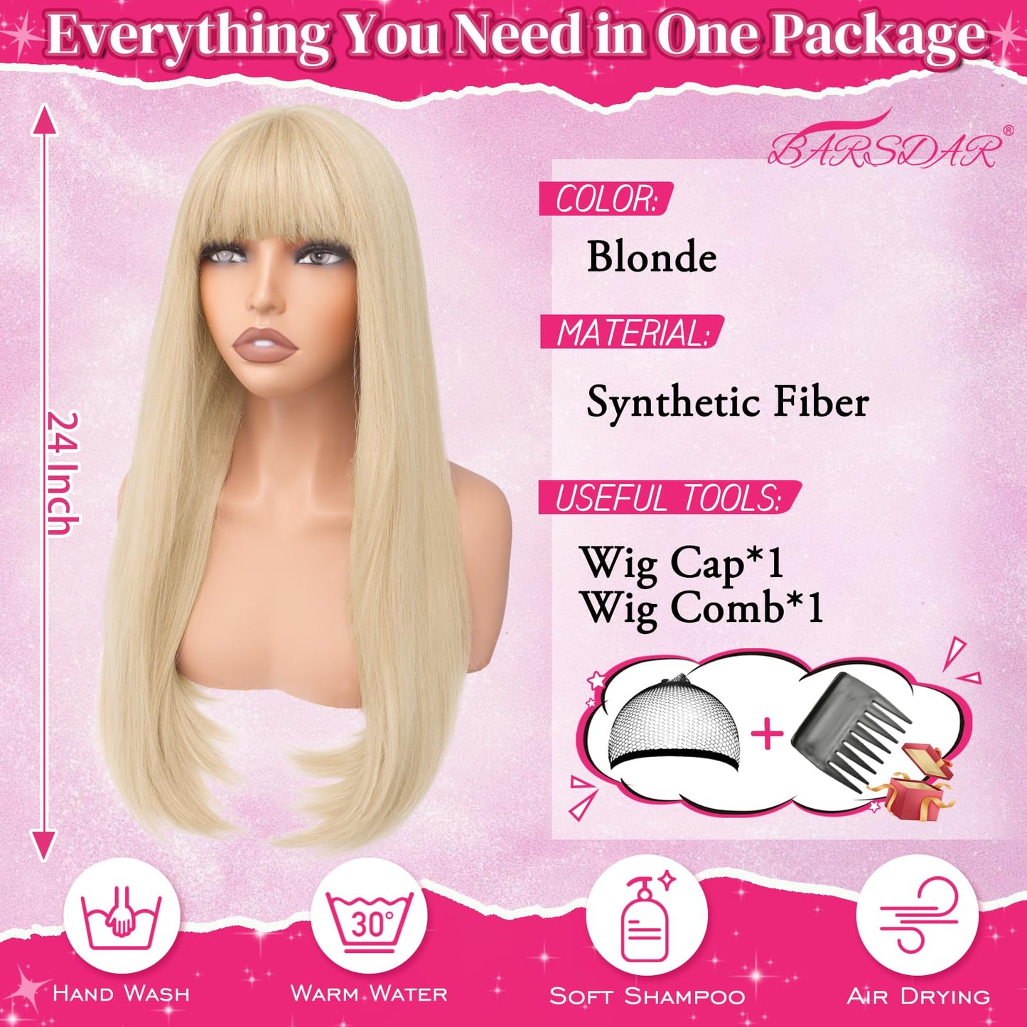 BARSDAR Long Blonde Wig With Bangs - Long Straight Blonde Wig with Bangs for Women - 24 Inch Natural Looking Thick Soft Synthetic Hair Replacement Wigs Daily Cosplay Party Halloween