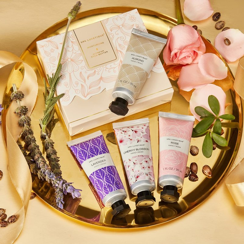 spa luxetique Hand Cream Gift Set,Mothers Day Gifts for Mom,Teacher Appreciation Gift Nurses Week,4 Pack Shea Butter Hand Lotion Set for Dry Hands,Travel Size Hand Cream for Women Birthday Gifts