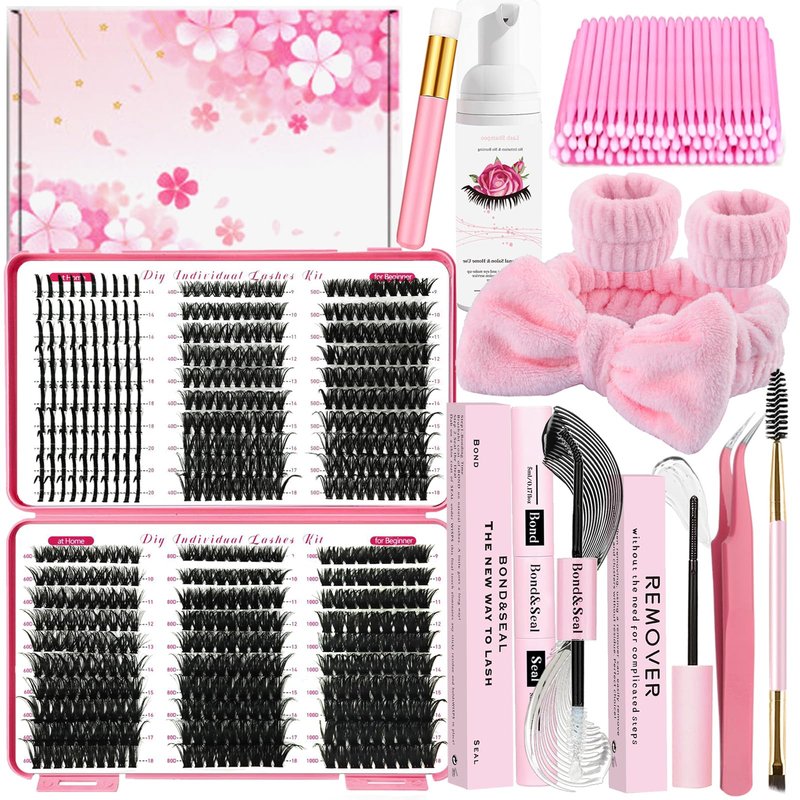 Qiveaory 580PCS DIY Lash Clusters Kit with Lash Spikes Eyelash Clusters D Cluster Eyelash Extensions Lash Bond and Seal Glue Remover Tweezers Eyelash Shampoo Cleansing Brush Headband Wristband
