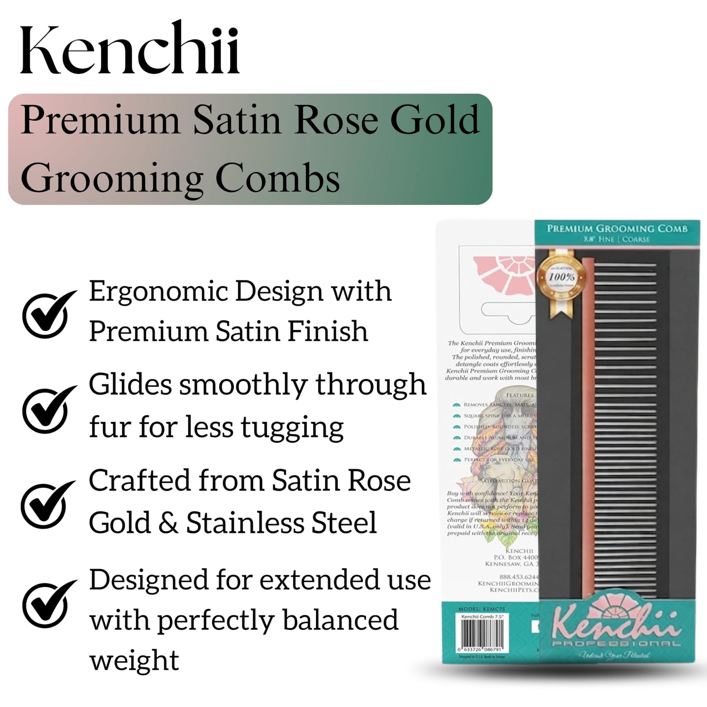 Kenchii Premium Satin Rose Gold Grooming Combs (Small)