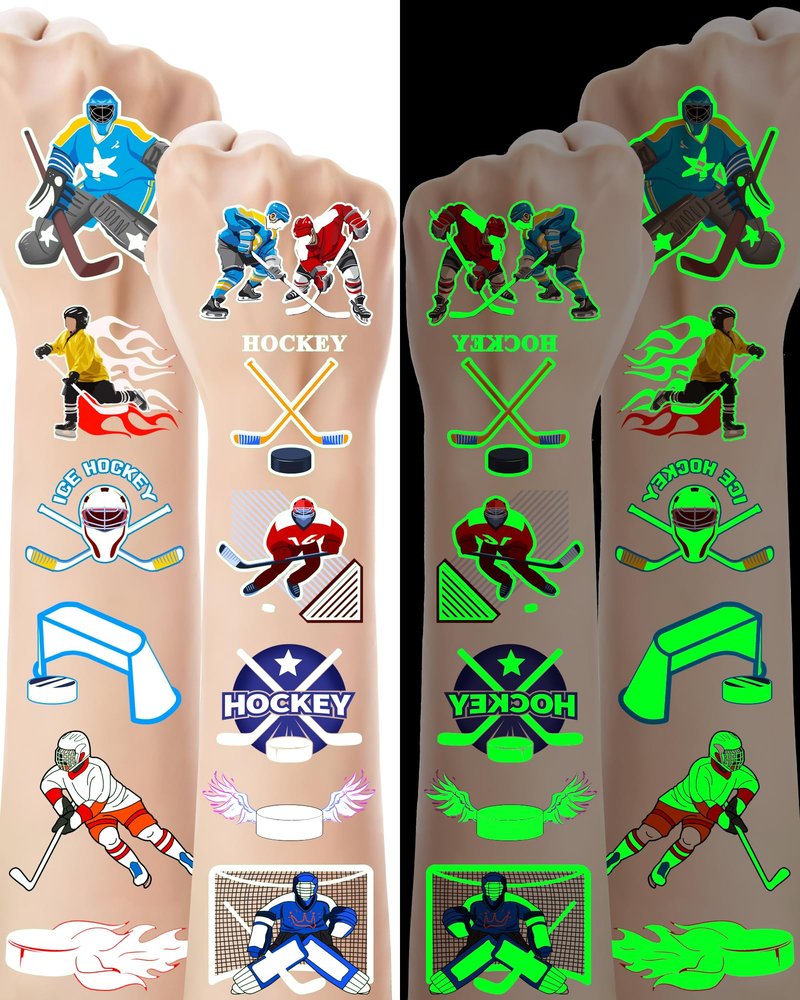 168 Pieces Luminous Hockey Temporary Tattoos Stickers,20 Sheets Glow in The Dark Ice Hockey Themed Tattoos Stickers Party Decoration Supplies Party favors for Kids Adults