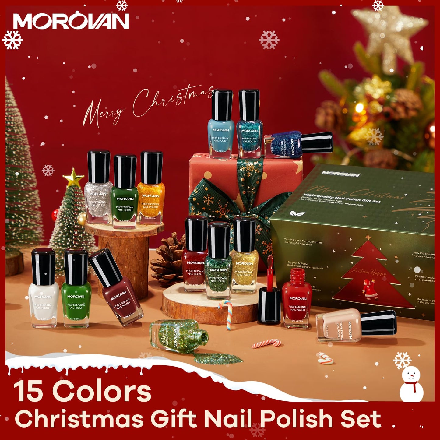 Morovan Christmas Nail Polish Set: 2026 Glitter Gifts Ideas Red Green Gold Silver Fingernail Polish Kit Winter Quick Dry Regular Nail Polish Pack Manicure for Women Girls Holiday Party