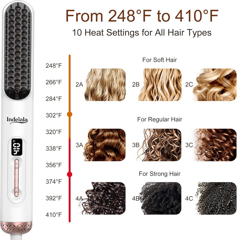Ionic Hair Straightener Brush - Anti-Frizz Straightening Comb with 10 Temp Settings | Fast Heating, Dual Voltage