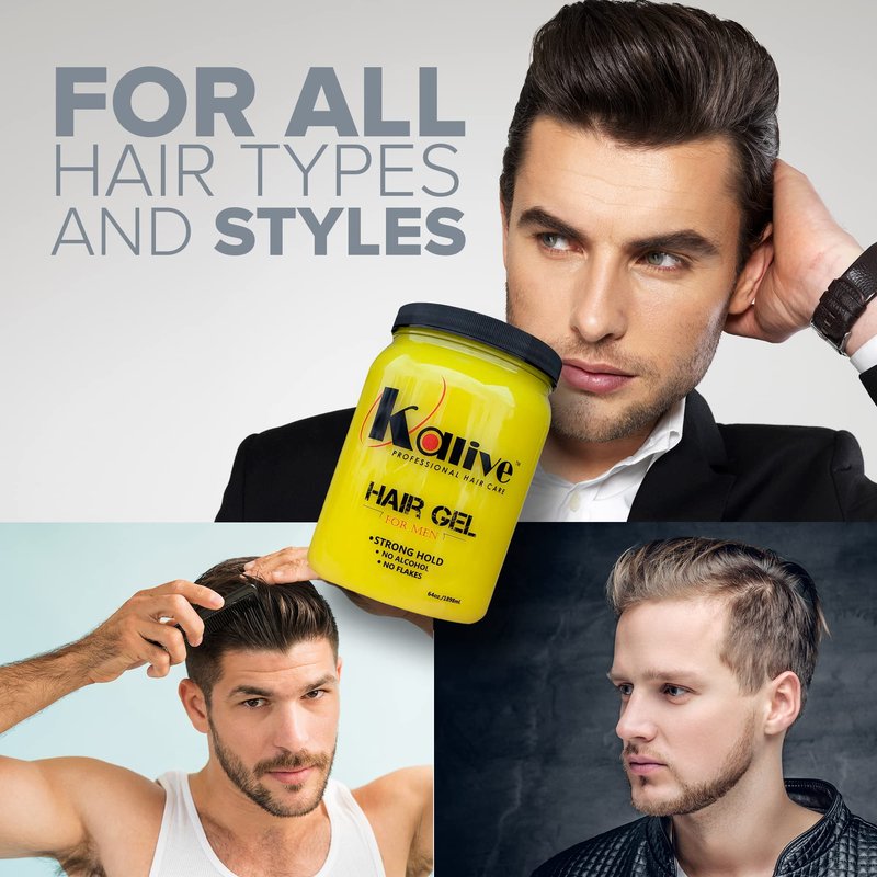 KALIVE Men's Hair Styling Gel 64 oz, Strong-Hold and Light Shine all day, Mens Hair Product fresh scent No Flaking or Alcohol
