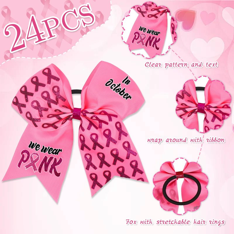 24Pcs Breast Cancer Awareness Cheer Bows Set includes 24 Pink Cheer Bows and 16 Breast Cancer Awareness Temporary Tattoos for Teen Girls Cheerleading Fundraising Event Party(Glitter Pink)