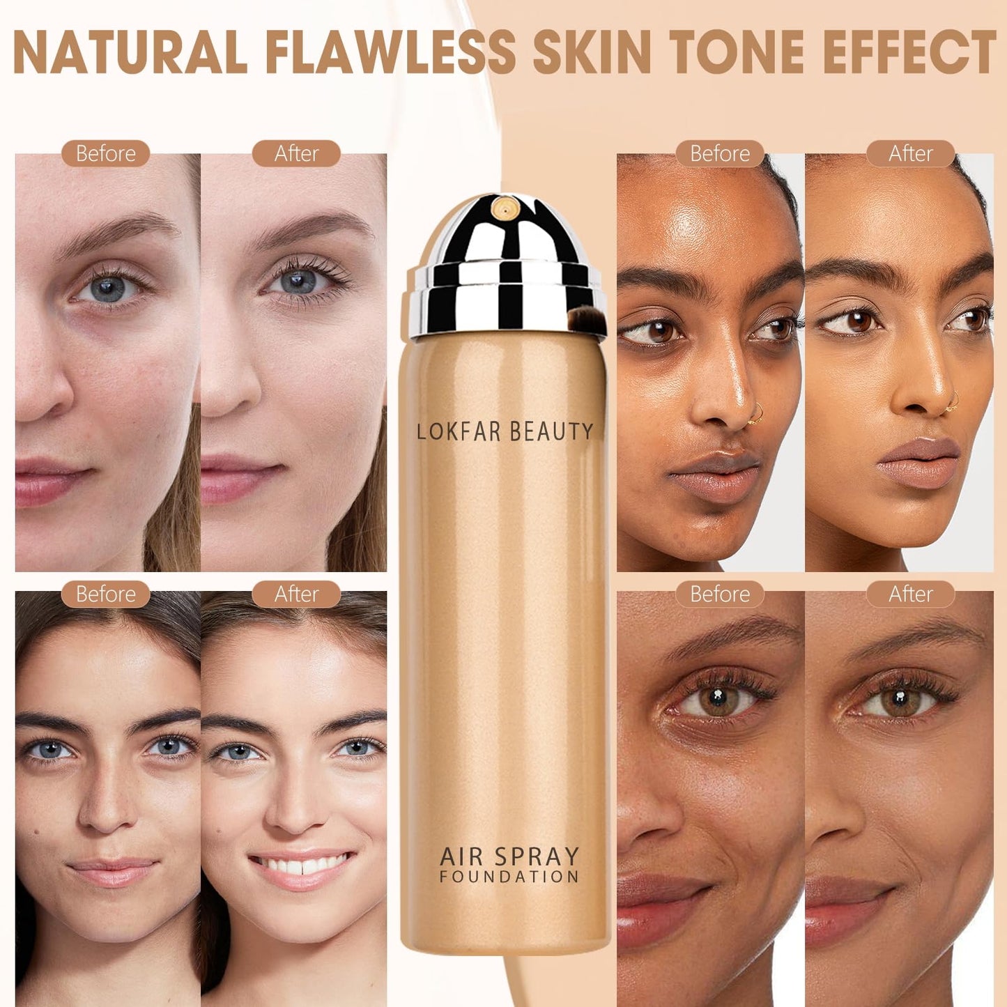 LOKFAR AirBrush Foundation Spray, Silky Mist Spray Makeup Kit with Brush, Full Coverage Foundation for Smooth Radiant Finish, Formula Breathable Lightweight Hydrating | #02 Nude