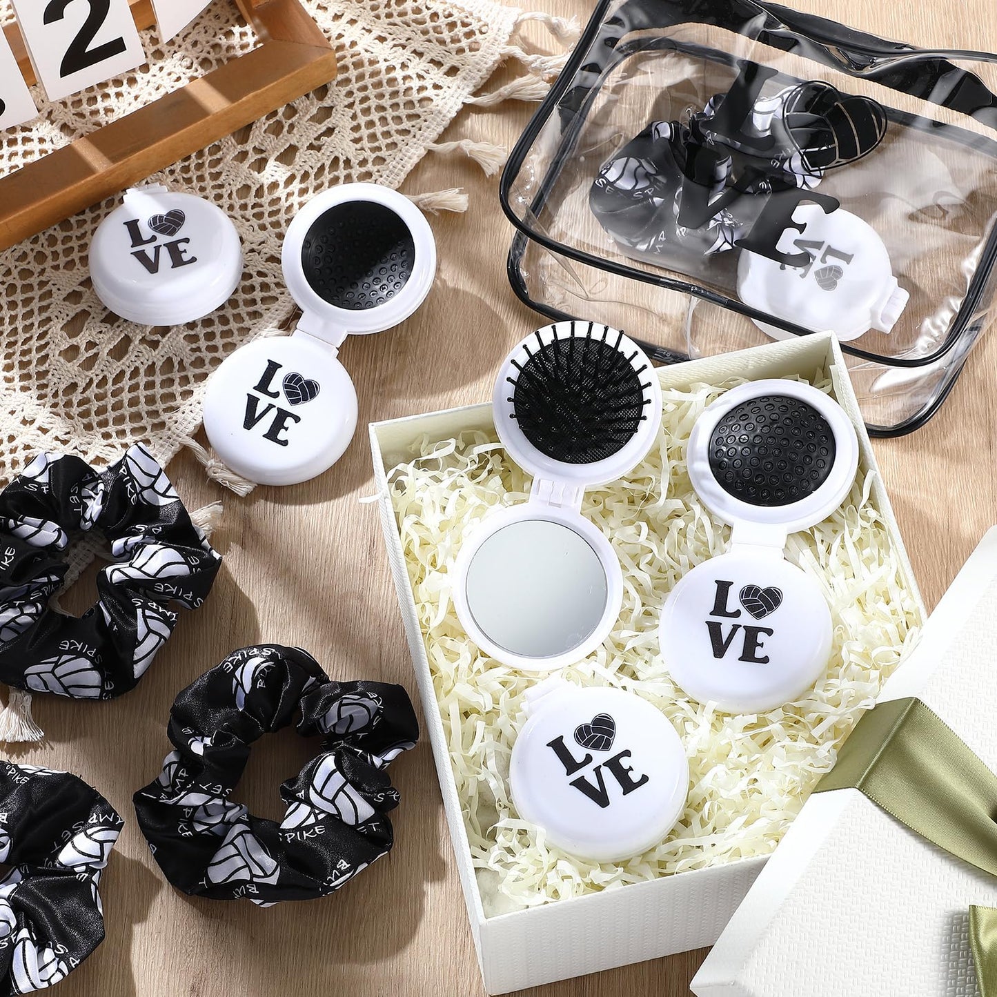 Yungyan 36 Pcs Volleyball Gifts 12 Volleyball Makeup Bag for Women Party Favors Team Gifts with 12 Sport Hair Scrunchies 12 Round Portable Folding Brush