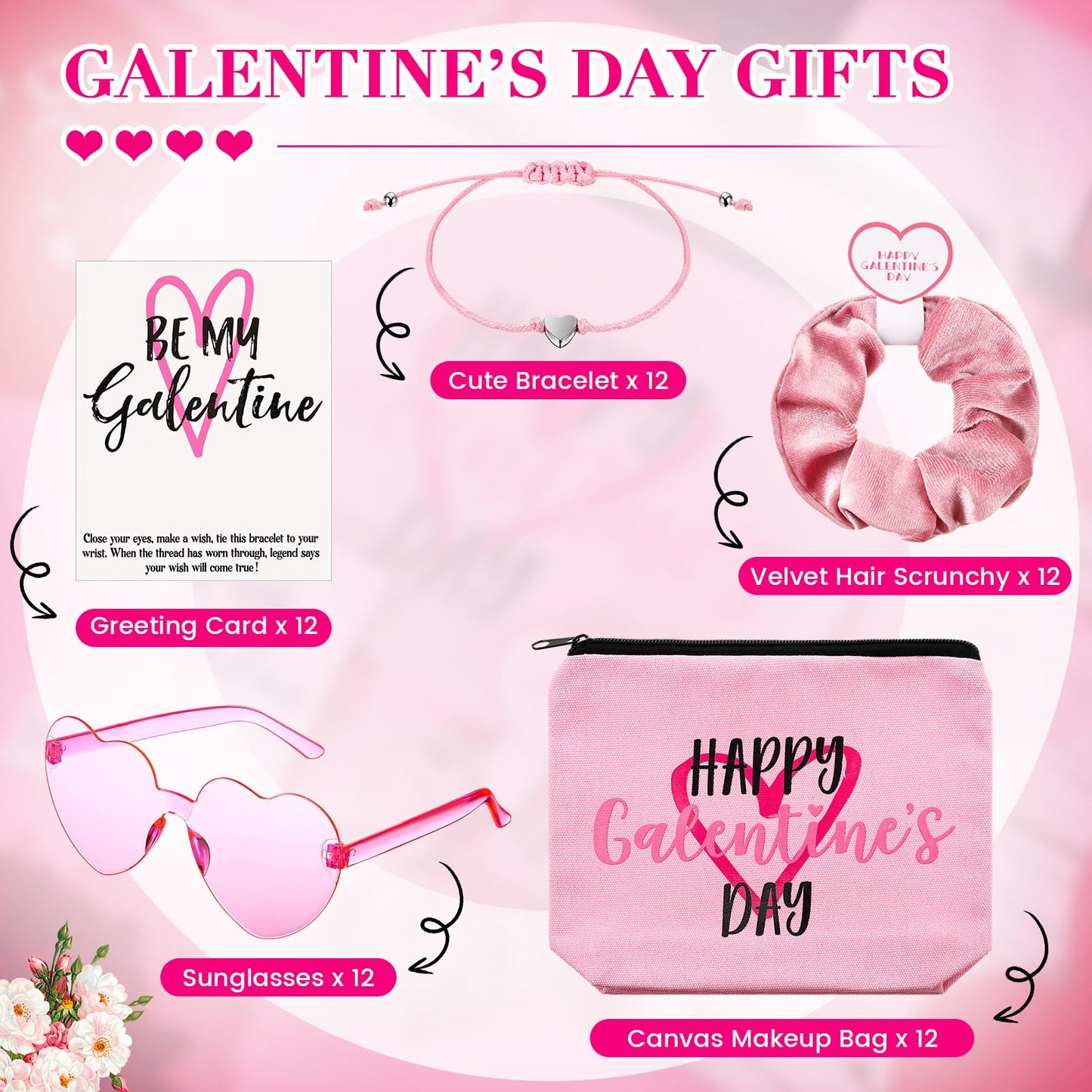 Landical 12 Set Galentine's Day Gift Set Include Makeup Bags Greeting Cards Velvet Hair Scrunchies Bracelets Sunglasses Gifts for Women