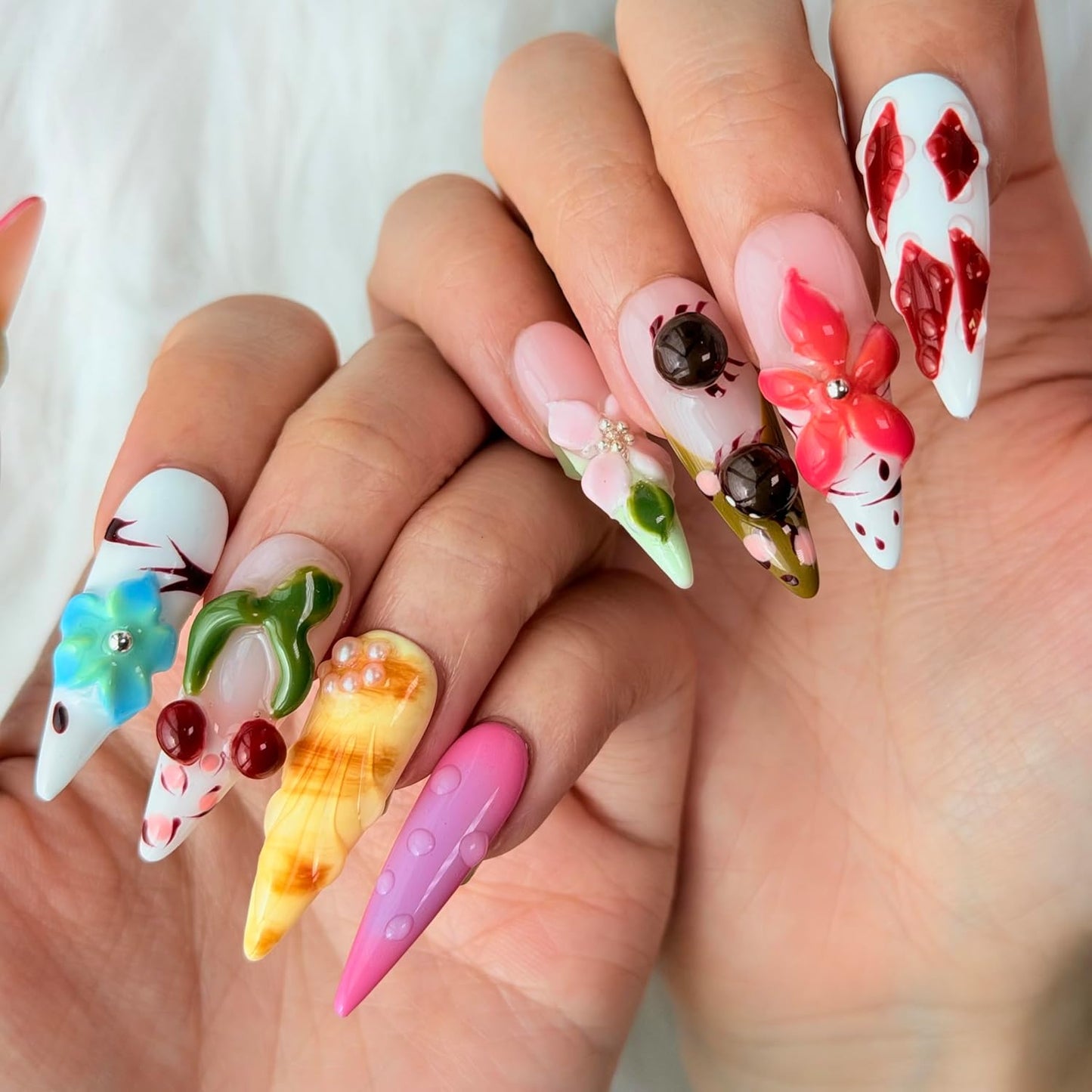 Press On Nails - 3D Designer Nail Art Set | Handmade & Reusable, Tropical Paradise Mix, Medium Size, 10 Pcs