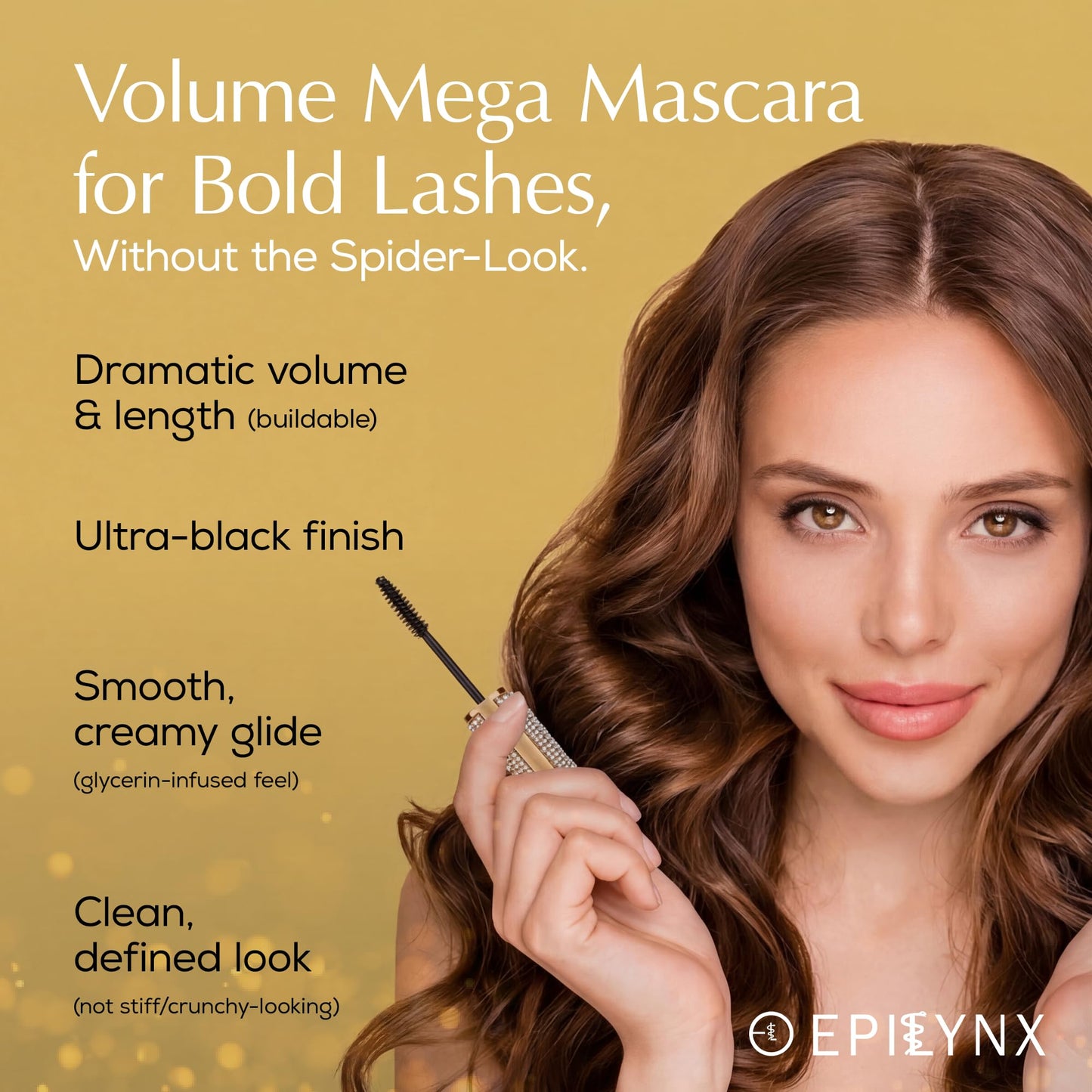 EpiLynx by Dr. Liia Volumizing Vegan Mascara – Lengthening Black Mascara for Bold, Defined Lashes, Smudge-Proof, Waterproof, Gluten-Free, Cruelty & Paraben-Free (Gold Diamond Case)