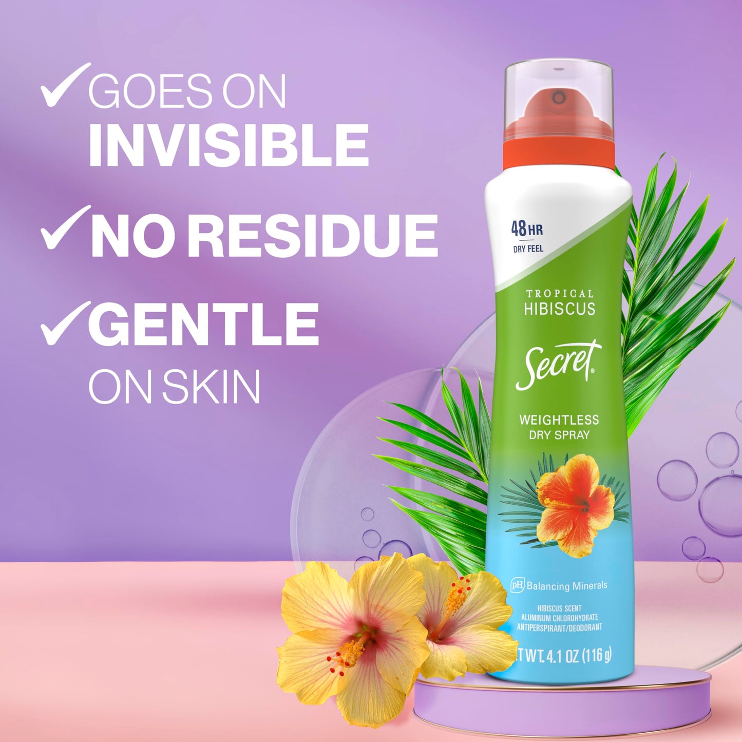 Secret Dry Spray Antiperspirant Deodorant for Women, 48hr Weightless Sweat & Odor Protection, Gentle on Skin, Tropical Hibiscus Scent, 4.1 oz (Pack of 3)