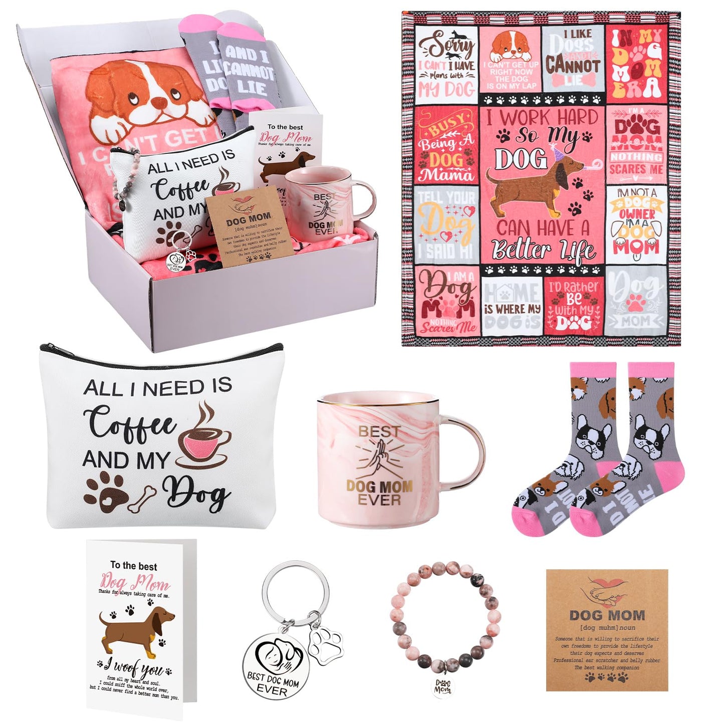 HunnmingRe 9 Pcs Dog Lover Mom Gifts for Women Novelty Fleece Blanket Blanket Socks Mug Cosmetic Bag Keychain Bracelet Cards Mother's Day Idea Gifts Box Set for Mom Birthday Basket Valentine's Day