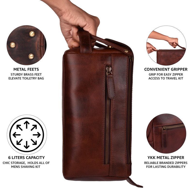LEATHER VILLAGE Genuine Leather Travel Toiletry Bag - Water-Resistant Dopp Kit for Toiletries, Large Shaving Bag & Bathroom Organizer - Gift for Men & Women - Cherry Brown