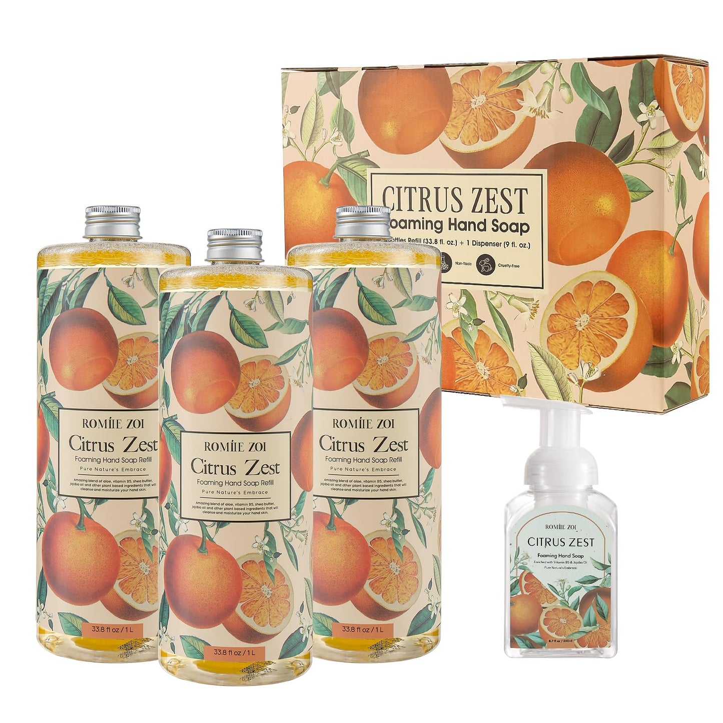 ROMIIE ZOI Citrus Zest Foaming Hand Soap Refill Gift Set – 3 Pack (33.8 Fl Oz Each) with Refillable Dispenser, Moisturizing, Biodegradable & Chemical-Free Formula for Kitchen, Bathroom, Sensitive Skin