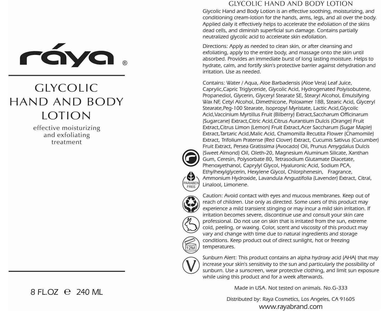 Raya Glycolic Hand and Body Lotion with AHA (G-333) | Soothing, Moisturizing, Exfoliating, and Conditioning Lotion for the Hands, Arms, Legs, and Body | Made with Alpha Hydroxy Acids