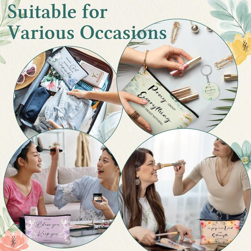 Yeyeplum 60 Pcs Church Gifts for Women Bulk Religious Makeup Bags Inspirational Scripture Keychains Bible Verse Bracelets Christian Favors Gifts Mother's Day