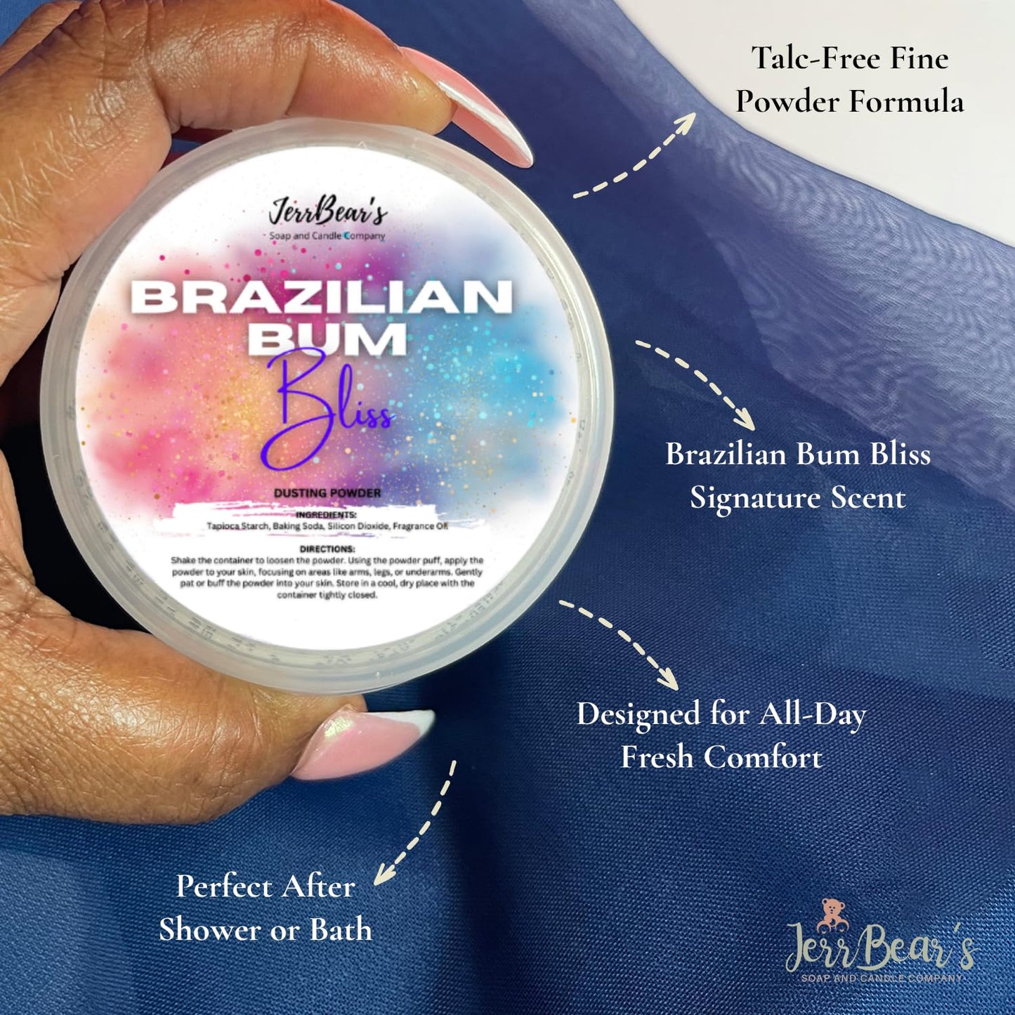JerrBear’s Brazilian Bum Bliss Dusting Powder, Talc Free Body Formula for Women, Soft Scented Skin Care, Gentle Powder for Daily Freshness, (4oz Jar)