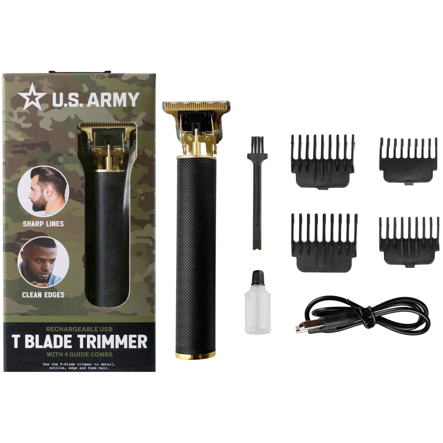 U.S. Army Electric Razor for Men, Hair and Beard Trimmer, T-Blade Clippers, Cordless Rechargeable Shaver with 4 Guide Combs