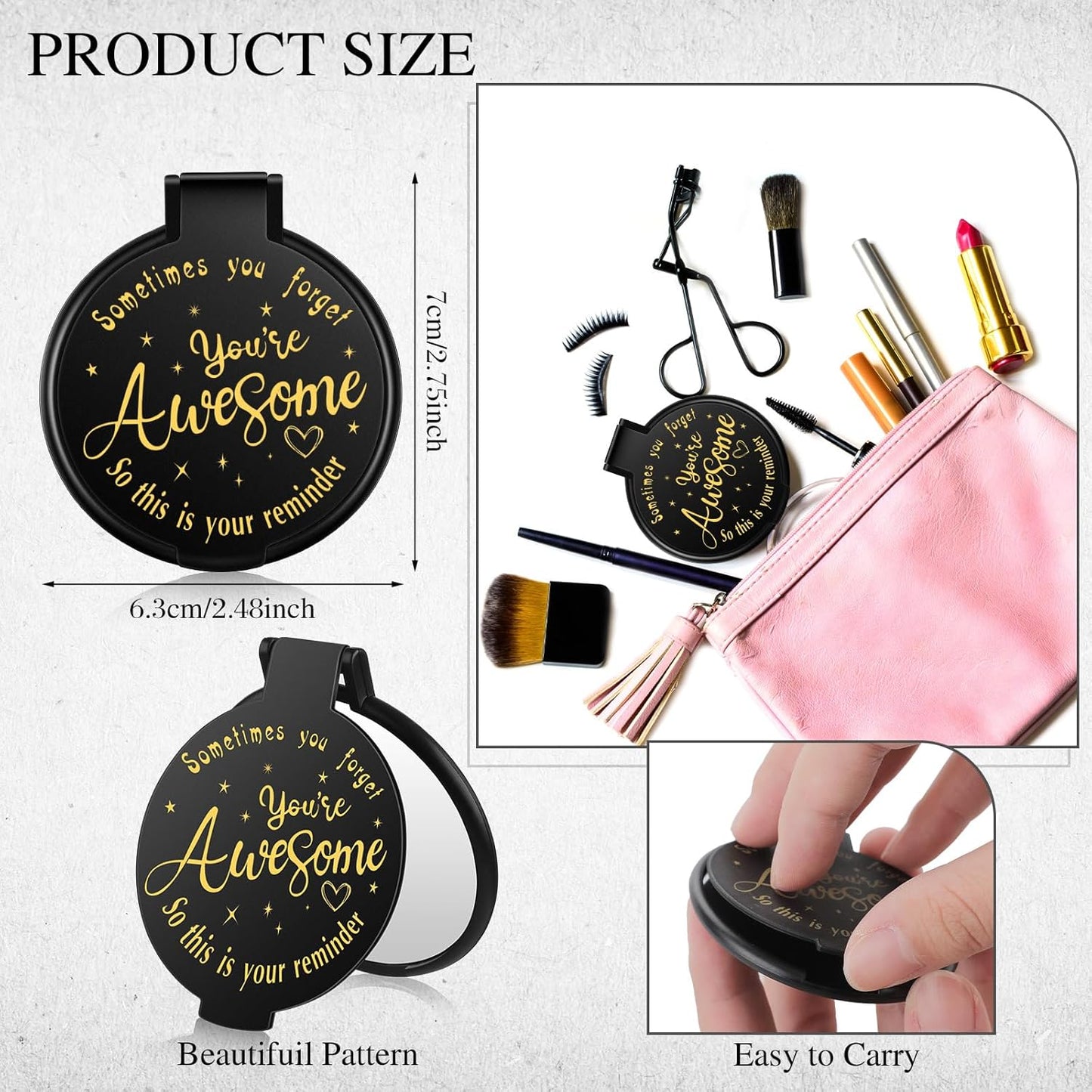 Inspirational Compact Mirror - 100 Pcs Mini Round Purse Mirrors for Women | Perfect Gifts for Mother's Day & Weddings (Black)