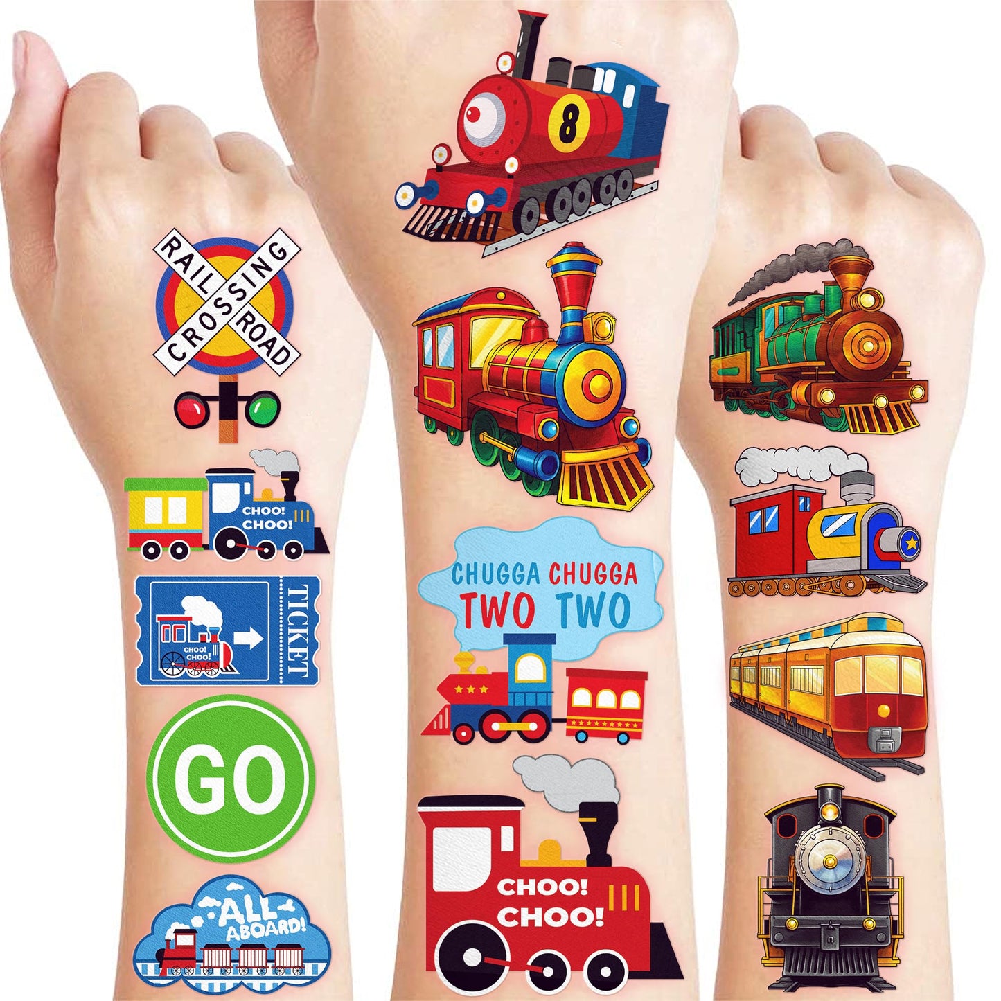 Train Temporary Tattoos for Kids - 8 Sheets 96 PCS Cute Railway Crossing Stickers, Birthday Party Favors, Supplies & Decorations for Boys and Girls
