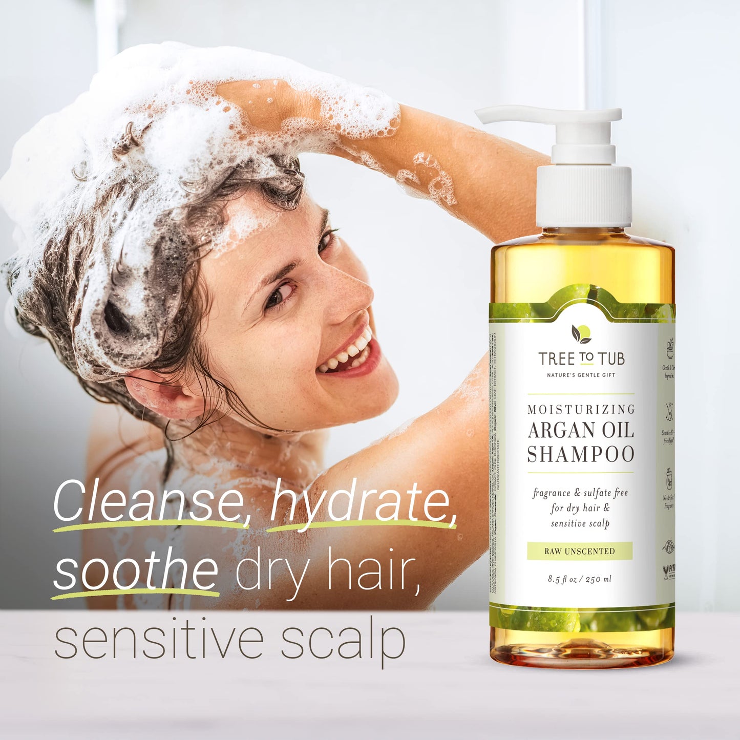 Tree To Tub Fragrance Free Shampoo for Dry & Sensitive Scalp - Gentle Unscented Hydrating Hair Shampoo for Women & Men, Moisturizing Sulfate Free Shampoo w/Organic Argan Oil, All Natural Soapberry