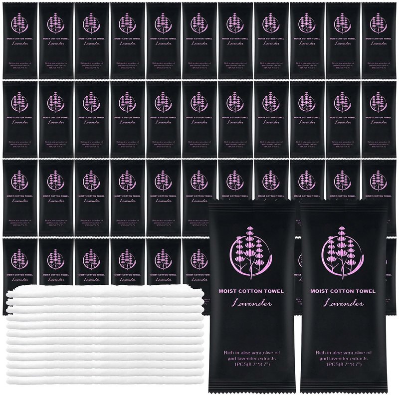 Moist Cotton Towel Bulk Moist Towelettes Individually Wrapped,White Towel Services,Refreshment Pre Moistened Towels for Dentist Travel Sport Party Hotel （Lavender,100)