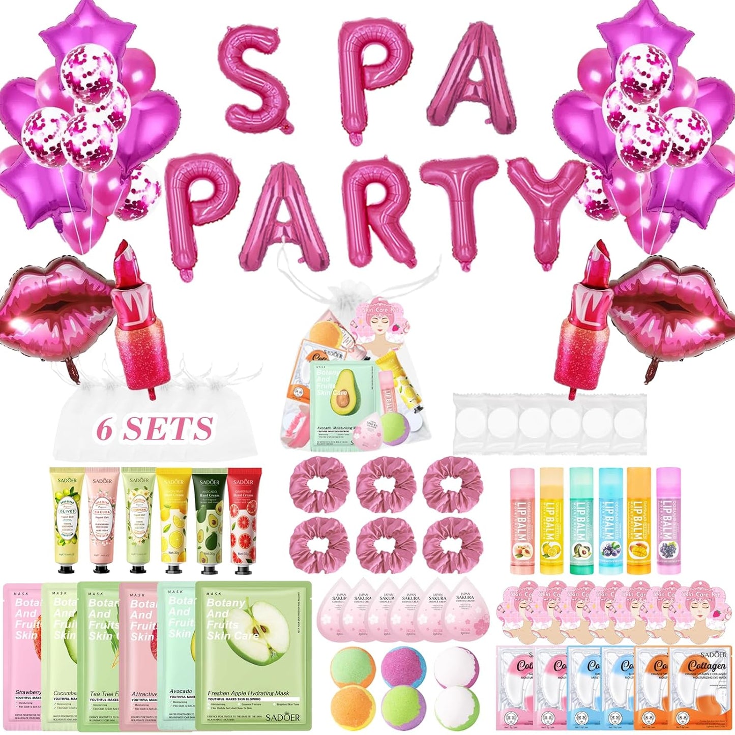 Spa Party Supplies Kit - 100PCS Balloons, Face Masks, Lip Balm & Foot Bath Bombs | Perfect Birthday Gift for Girls & Women