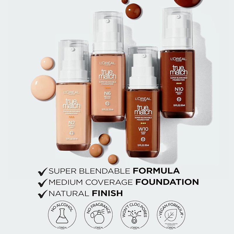 L’Oréal Paris True Match Foundation - Medium Coverage Liquid Makeup with SPF 17 | W10.5 Deep, 1 Fl Oz (Pack of 3)