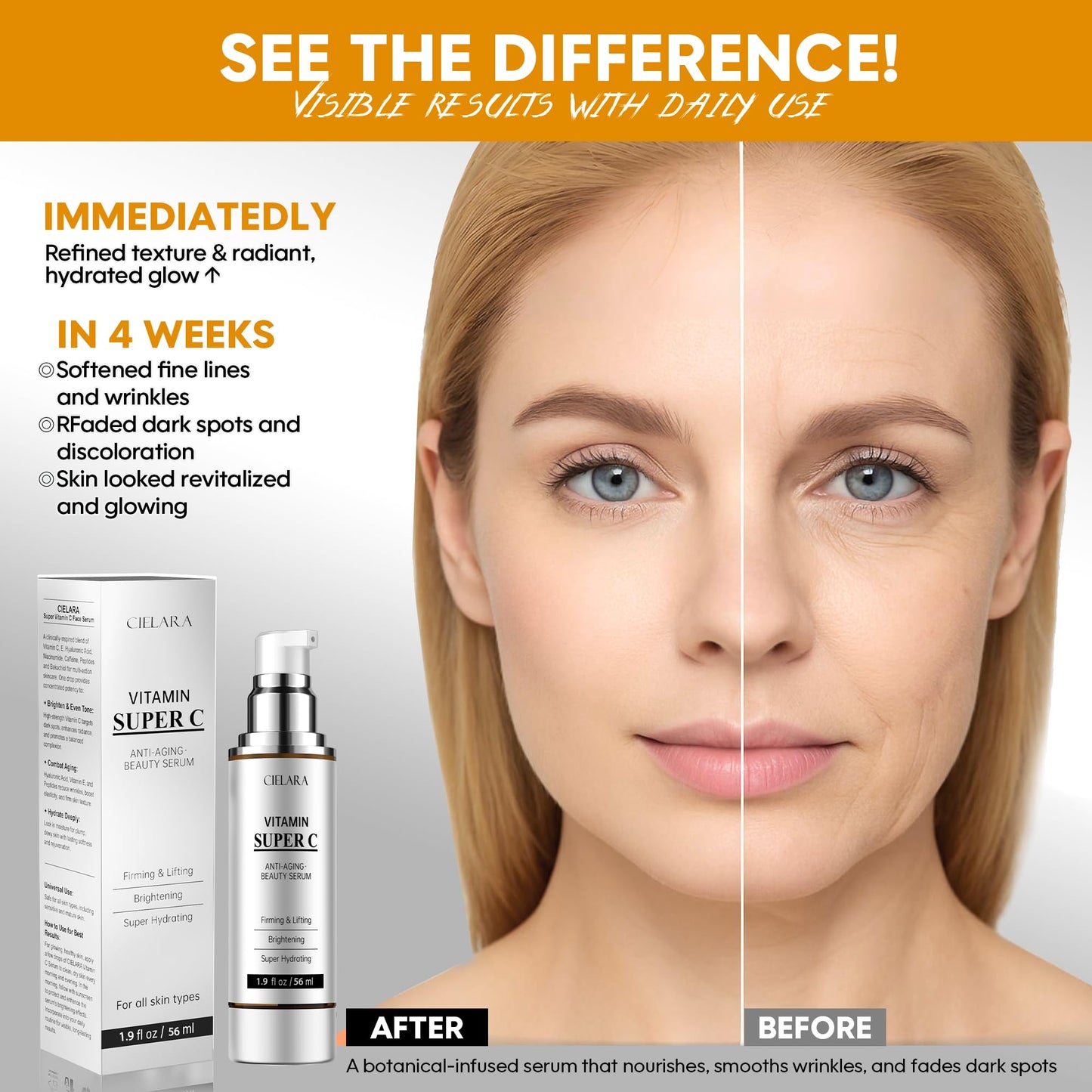 CIELARA Vitamin C Serum for Face, Anti Aging 20% Super C Serum With Vit C Hyaluronic Acid, Vitamin E, Peptides, Collagen Wrinkle Serume for Dark Spot, tighten, firming, lift, Brightening-1.9 Fl Oz