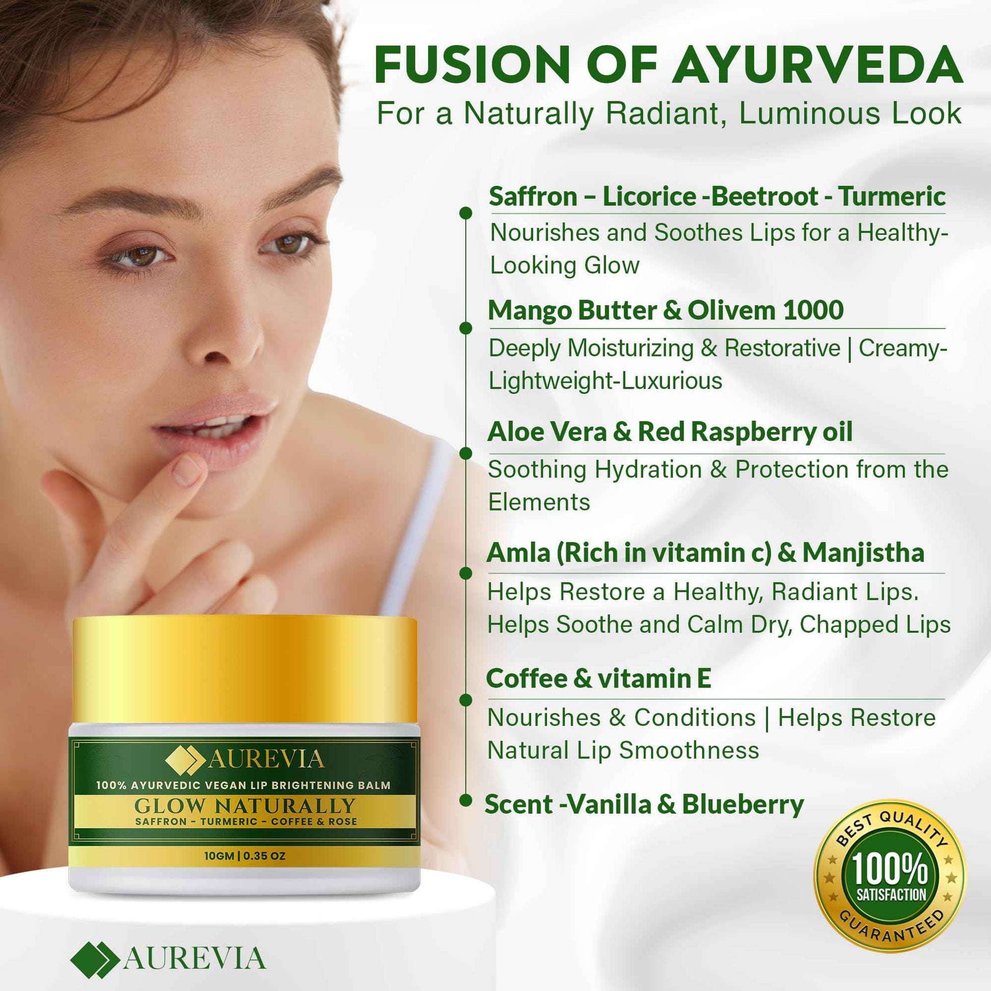 AUREVIA Vegan Lip Brightening Balm – Ayurvedic Lip Care for Dark & Smoker Lips | Deeply Hydrating, Moisturizing & Nourishing with Rich Antioxidants – Clean Beauty Plant-Based Formula