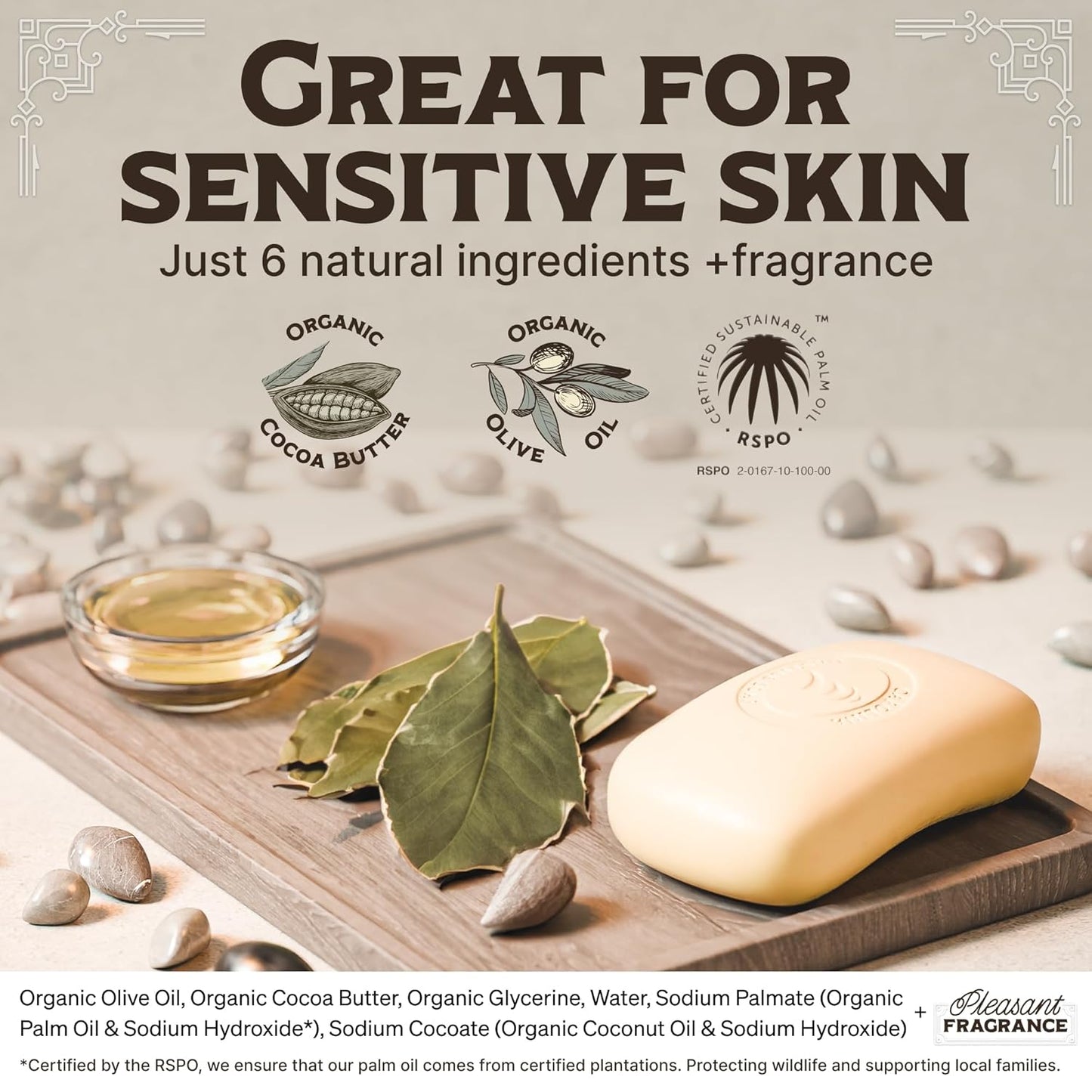 Castile Soap Bar for Sensitive Skin - Natural Olive Oil & Cocoa Butter | Vegan Bay Rum Scent, 5 oz