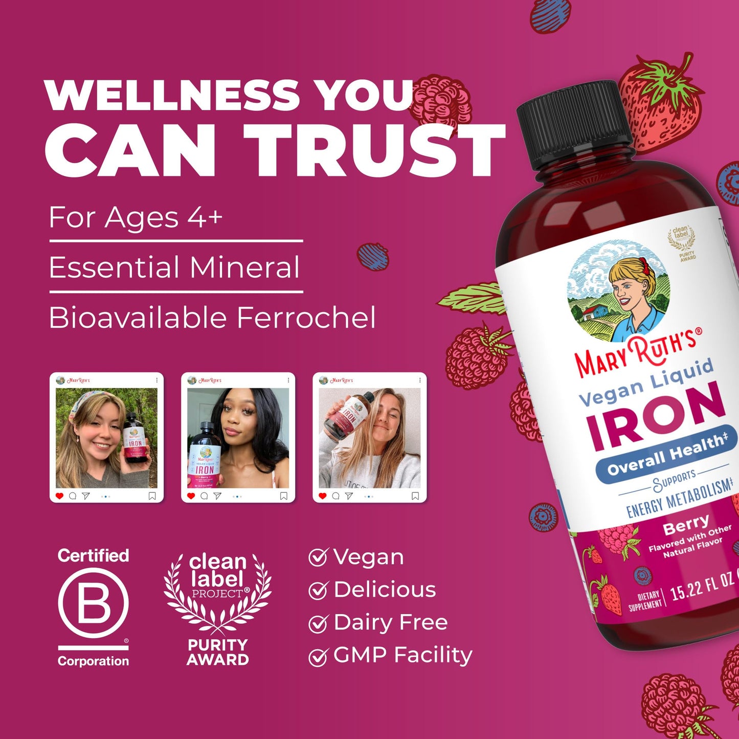 Iron Supplement for Women Men & Kids | Liquid Iron Supplement for Women Men & Kids | Iron for Healthy Blood & Oxygen | Ages 4 & Up | Sugar Free | Vegan | Non-GMO | Gluten Free | 16 Fl Oz