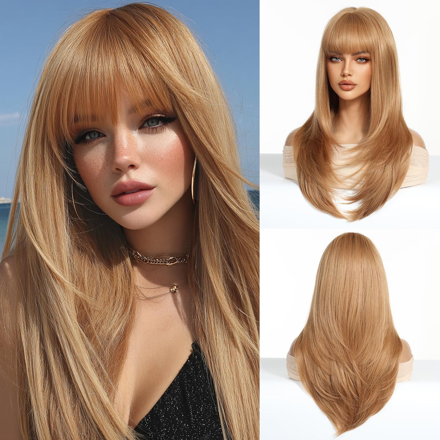 Lisook Strawberry Blonde Wig with Bangs Long Straight Wigs for White Women Layered Wig Synthetic Natural Hair Wigs for Women Hair Replacement Wig Realistic for Cosplay Holiday Daily Party Use 24 Inch
