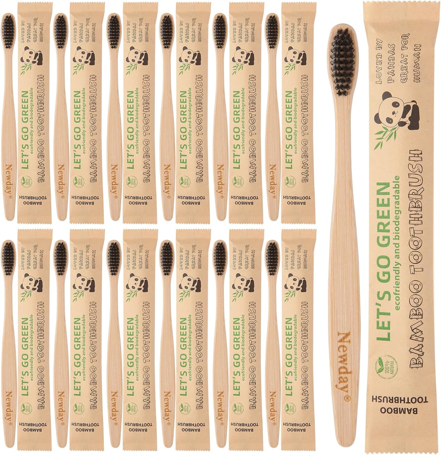 Bamboo Toothbrushes - 100 Pack, Individually Wrapped, Eco-Friendly & Biodegradable | Soft Bristles, Black