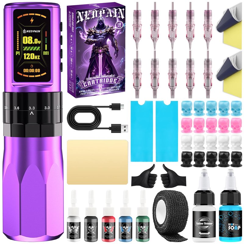 NEDPAIN Adjustable Stroke Wireless Tattoo Pen Kit, 1.47‑Inch Screen, 2400mAh Battery, Dotting & Memory Function, Rotary Tattoo Machine, Professional Supplies for Beginners & Artists