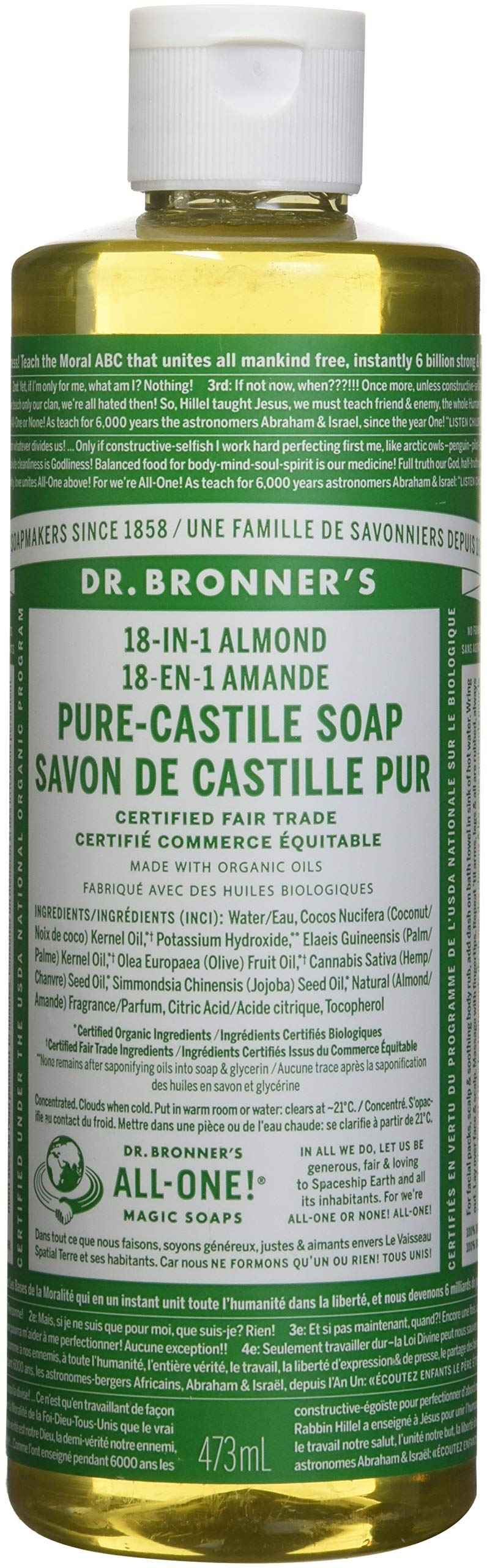 Dr. Bronner's 18-in-1 Hemp Almond Pure-Castile Liquid Soap, 1 Pound (Pack of 1).