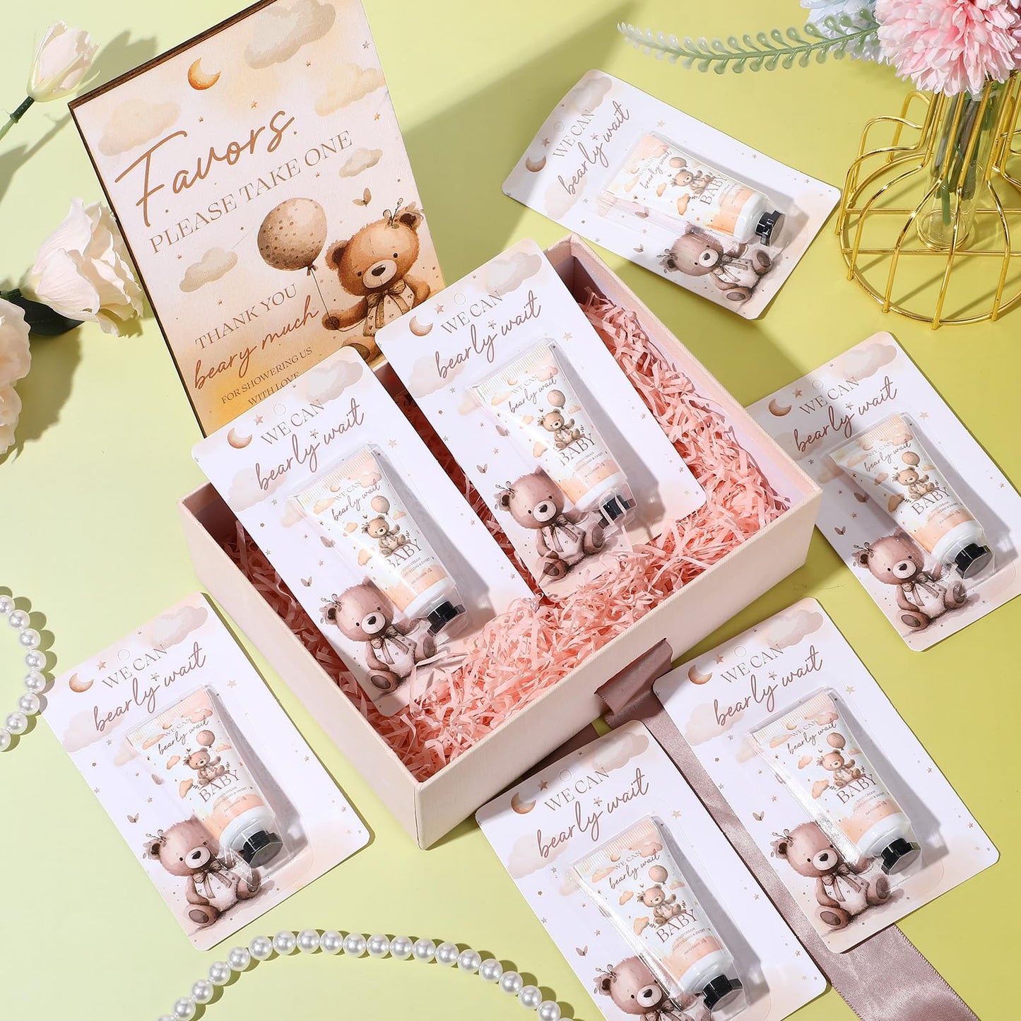 Dansib 30 Pack We Can Bearly Wait Baby Shower Hand Cream Baby Shower Favors Games Prizes Party Favors with 1 Wooden Stand for Guests for Gender Reveal Souvenirs, Gift Bags Stuffers