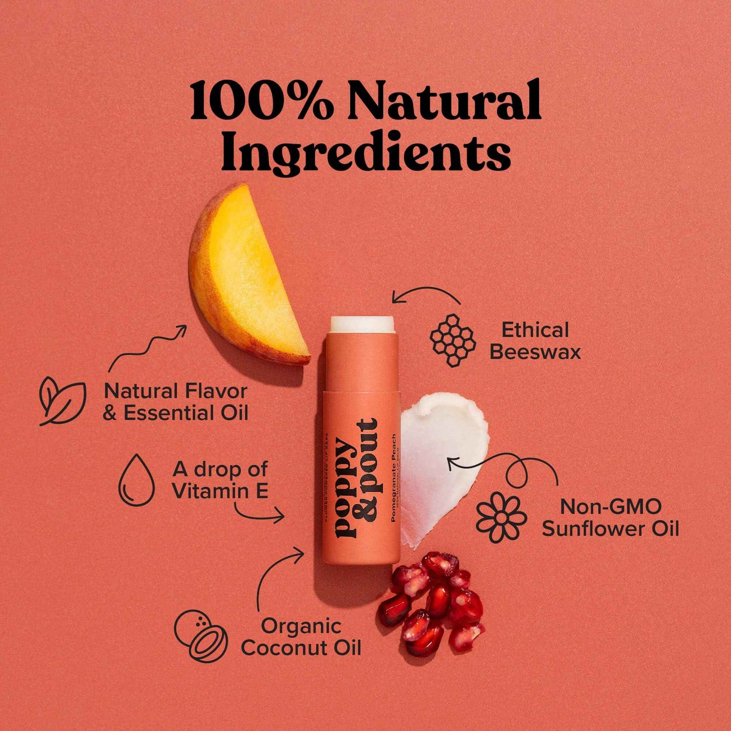 Poppy & Pout Jumbo Lip Balm 2 Pack, All Natural Lip Balms & Moisturizers, Hydrates with Beeswax, Vitamin E, Organic Coconut, Island Coconut & Pomegranate Peach