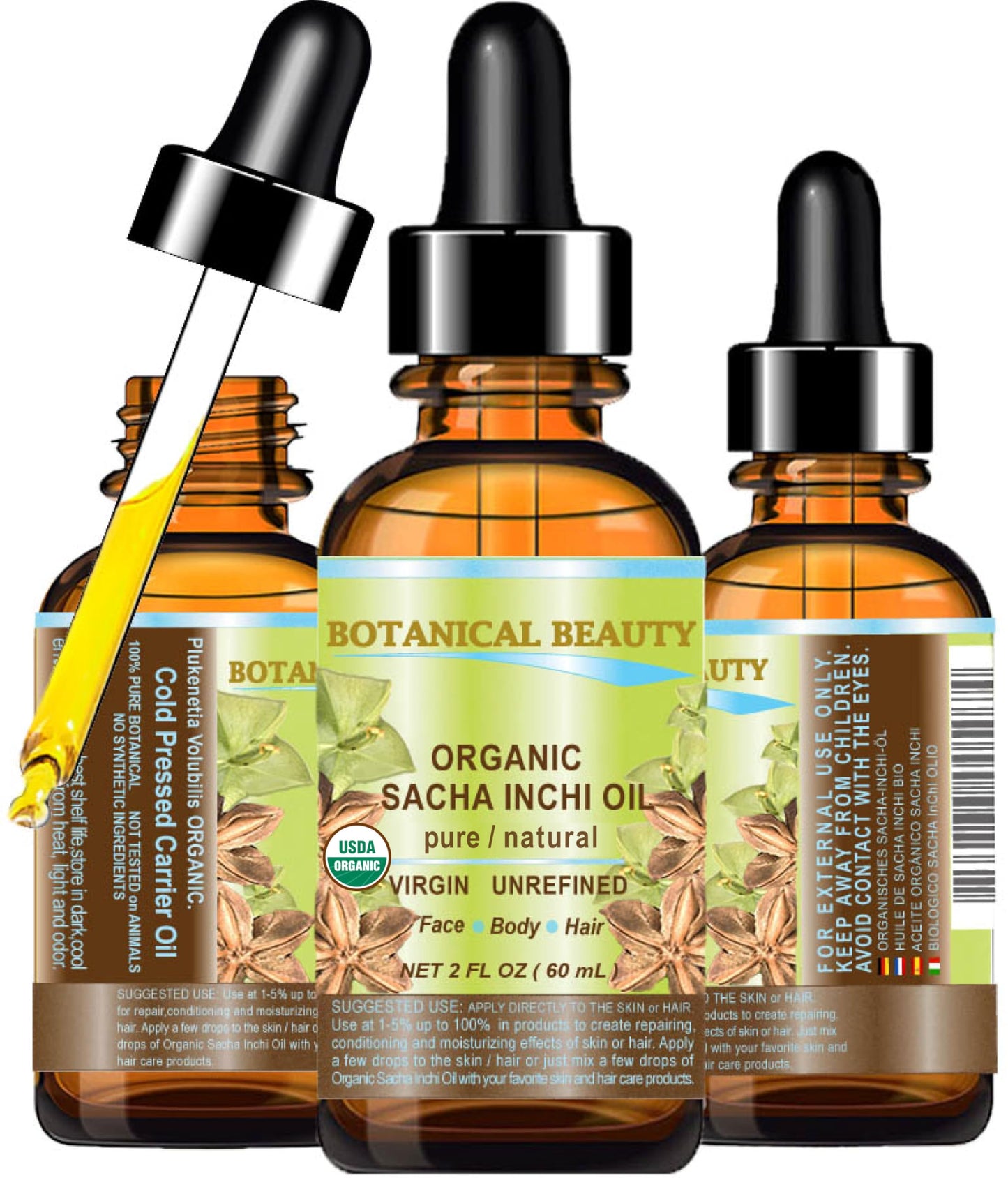 Botanical Beauty Organic SACHA INCHI OIL 100% Natural Pure Undiluted Virgin Unrefined Cold Pressed Carrier Certified Organic Oil For Face, Skin, Hair, Lip, Nails, Rich in Vitamin E (2 Fl Oz 60 ml)