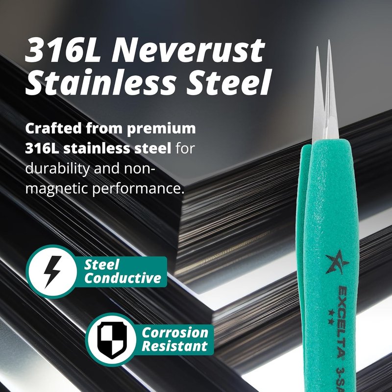 Precision Tweezers - ESD Safe Anti-Magnetic Stainless Steel - 5.25" OAL for Electronics & Lab Use | TealShield Grips