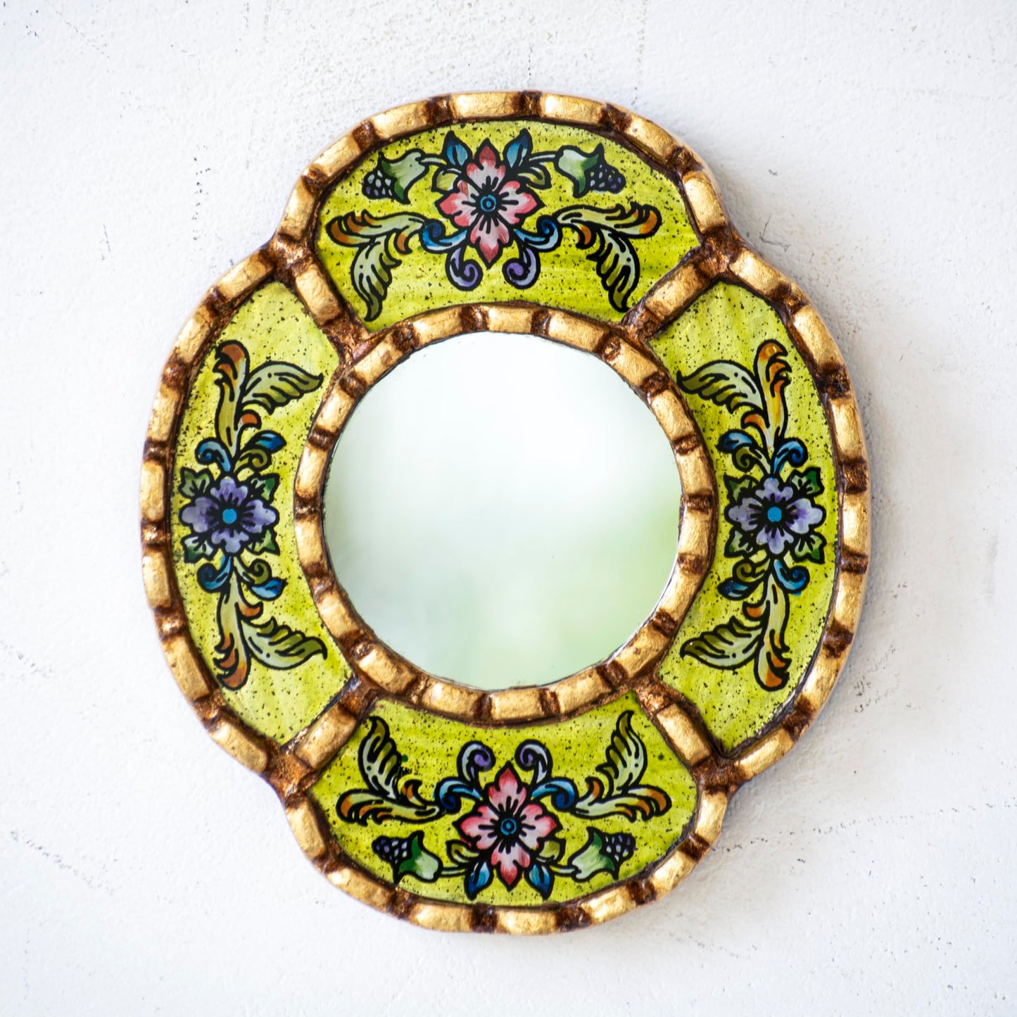 DecorContreras Small Oval Wall Mirror for Home Decor - Handmade Reverse Painted Glass Mirror with Frame Bronze Leaf from Peru