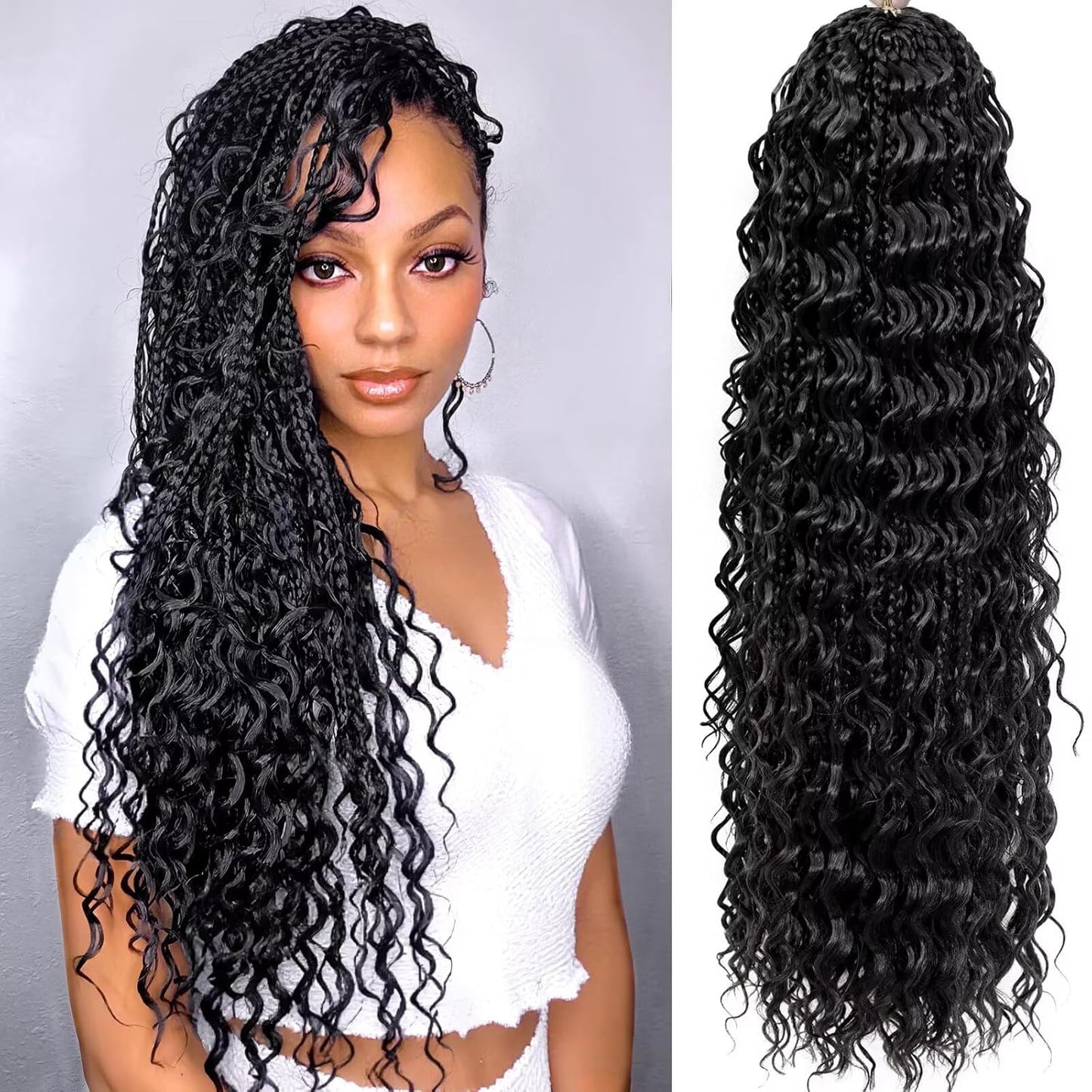 Goddess Box Braids Crochet Hair - 24 Inch Synthetic Braiding Hair with Curly Ends | 7 Packs, Pre-Looped (1B)